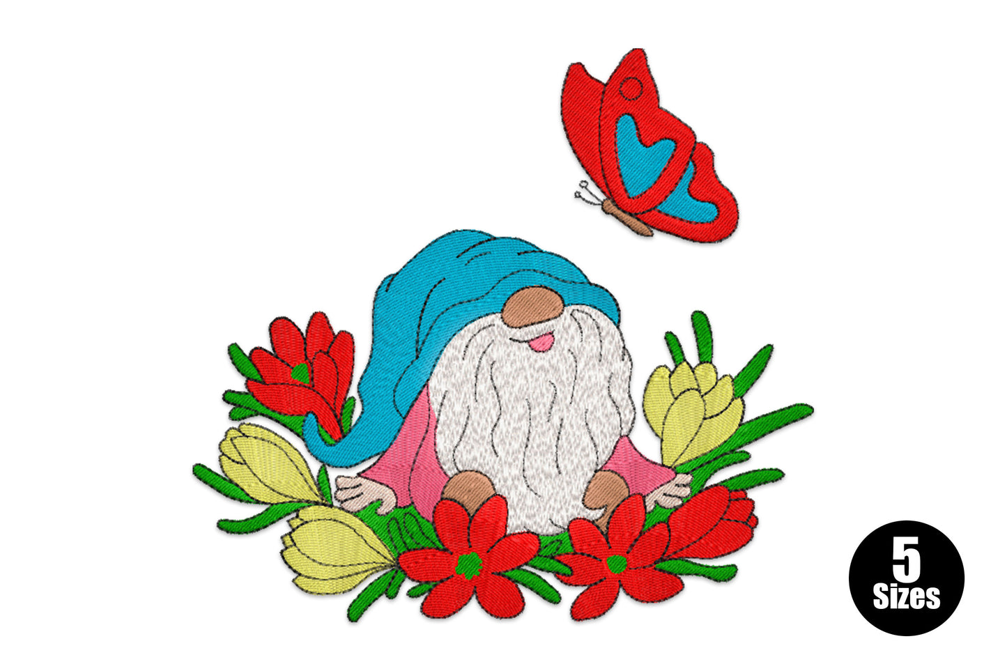 Spring gnome embroidery design peeking from red and yellow flowers with a butterfly above, blue hat and white fluffy beard.
