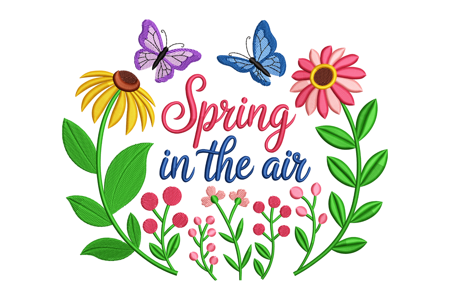 Spring-themed design with flowers, butterflies, and 'Spring in the air' text on a white background.