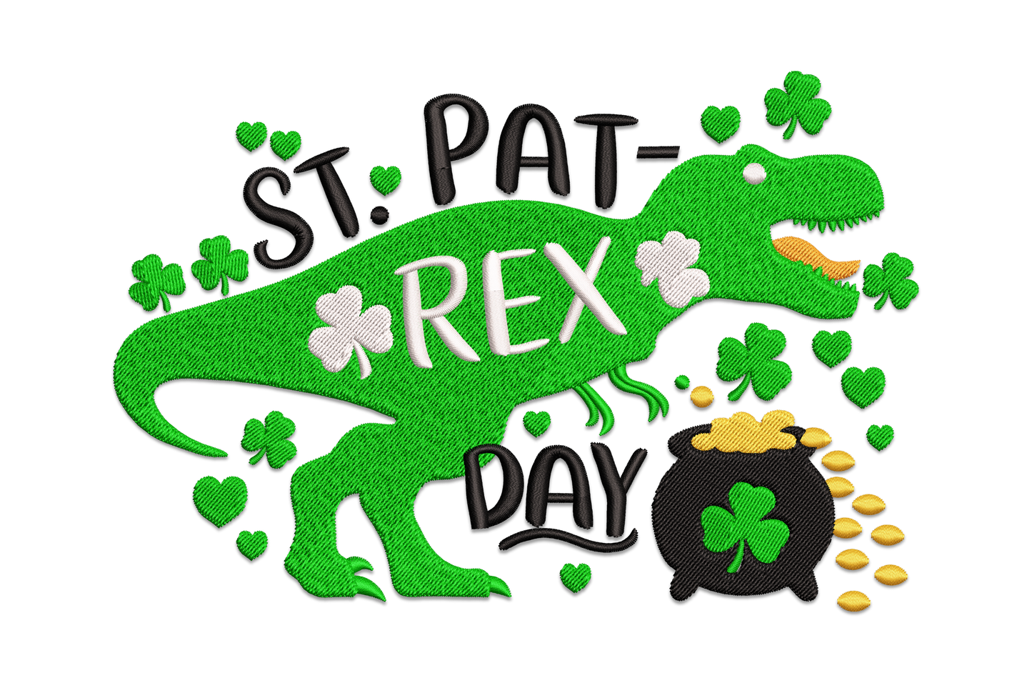 T-Rex dinosaur with St Patricks Day hat and shamrocks embroidery design, five-colour cartoon style on white background