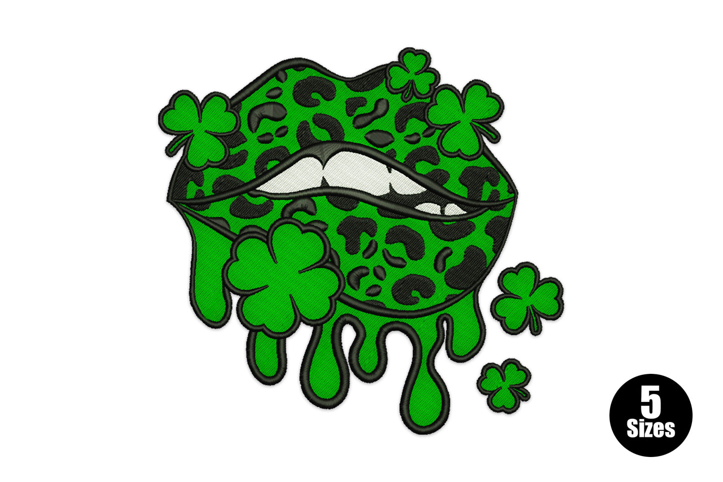St. Patricks Day embroidery design showing leopard print lips with green drips and shamrock clovers in dark green and black.