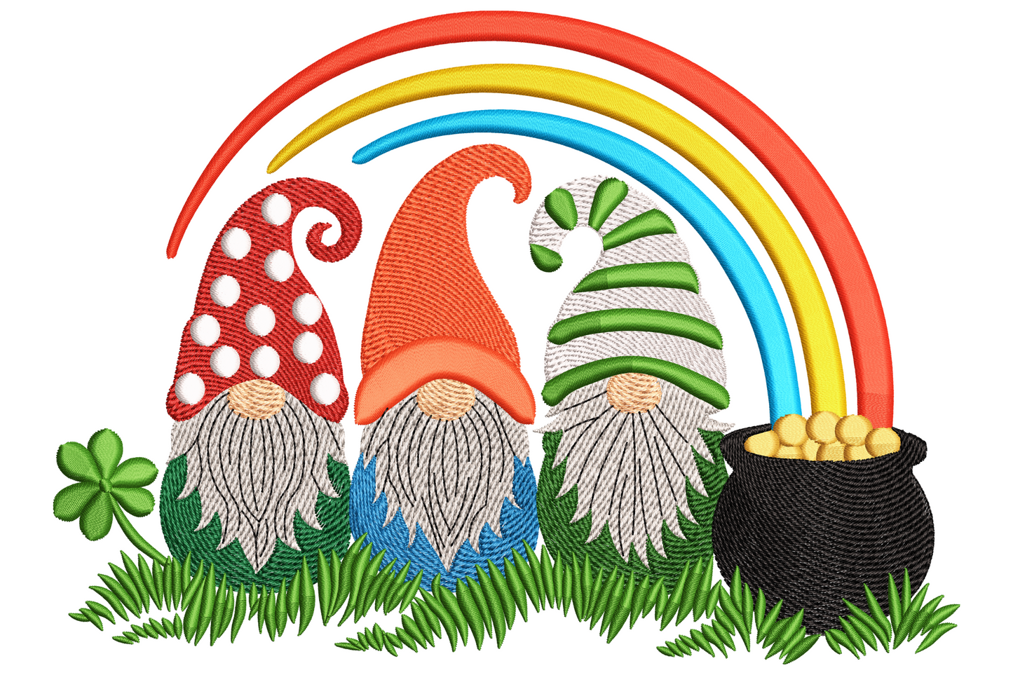 Three st patricks day gnomes with grey beards under rainbow arch with black pot of gold and shamrock embroidery design