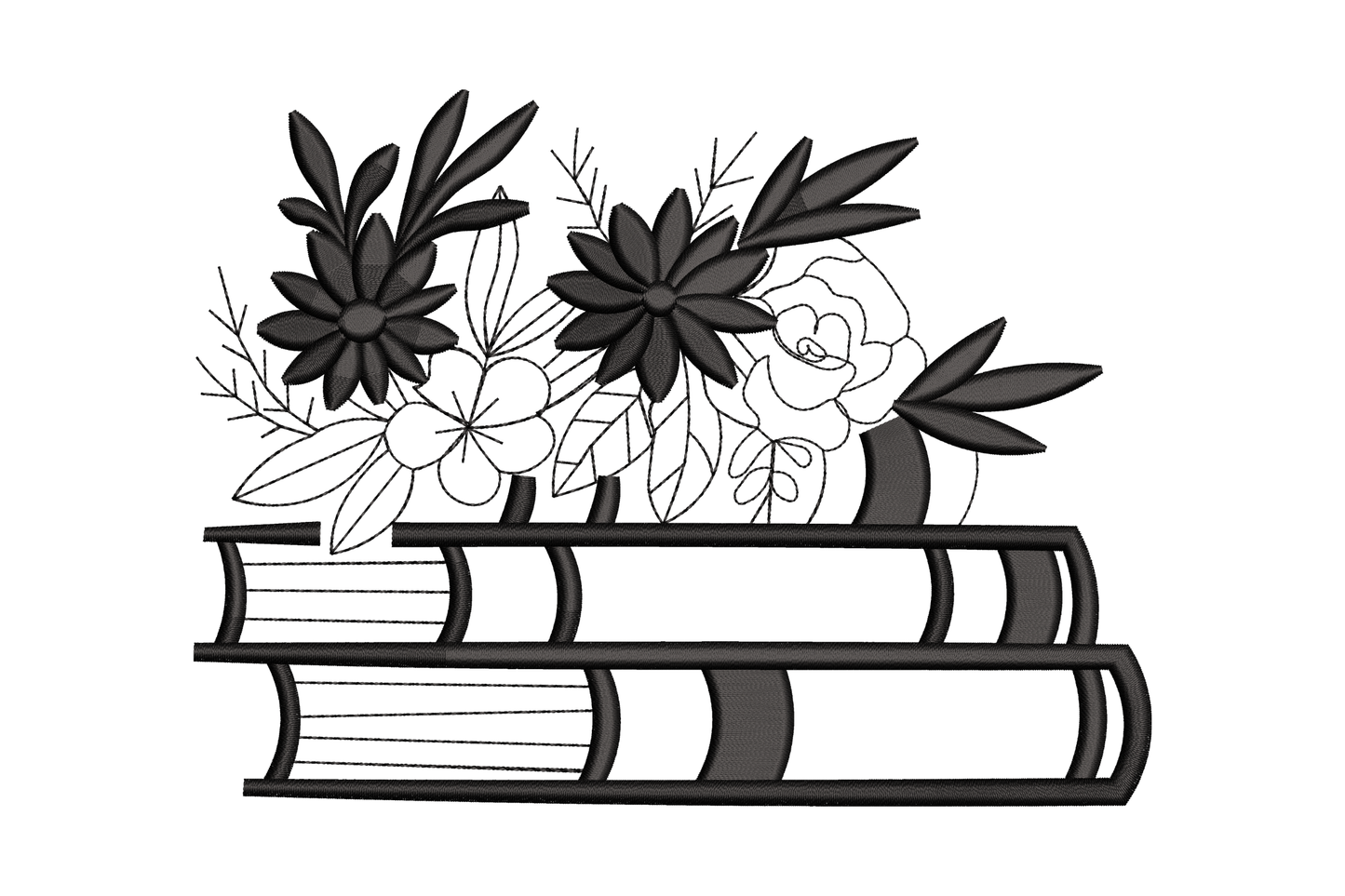 Two stacked books with mixed daisy and peony bouquet, single colour filled machine embroidery design, 5 sizes