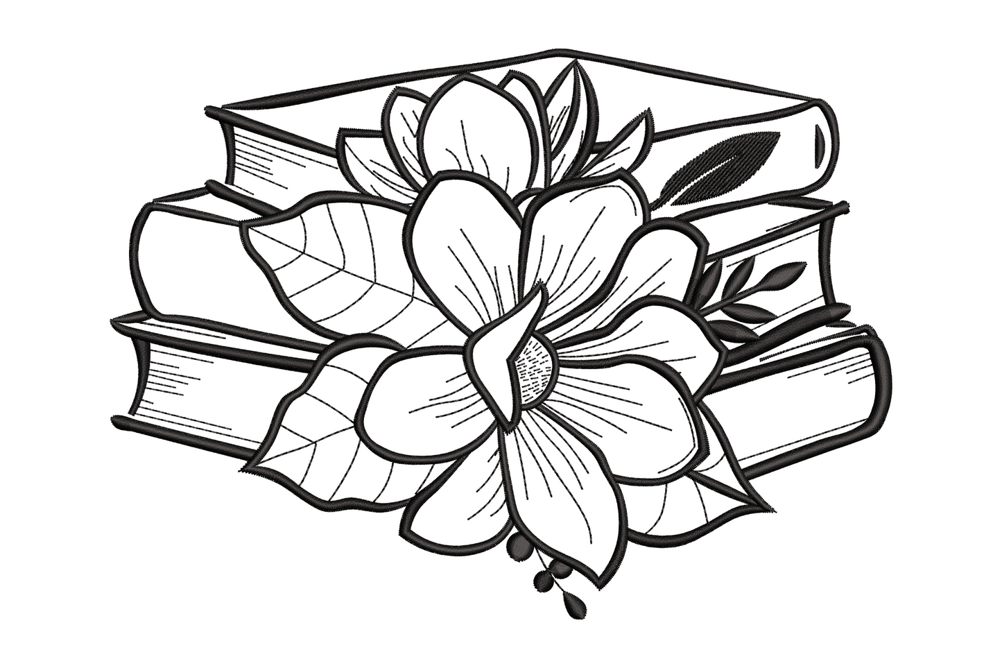 Stacked books with flower embroidery design showing three books at an angle with a large open magnolia bloom draped across the top in black line art