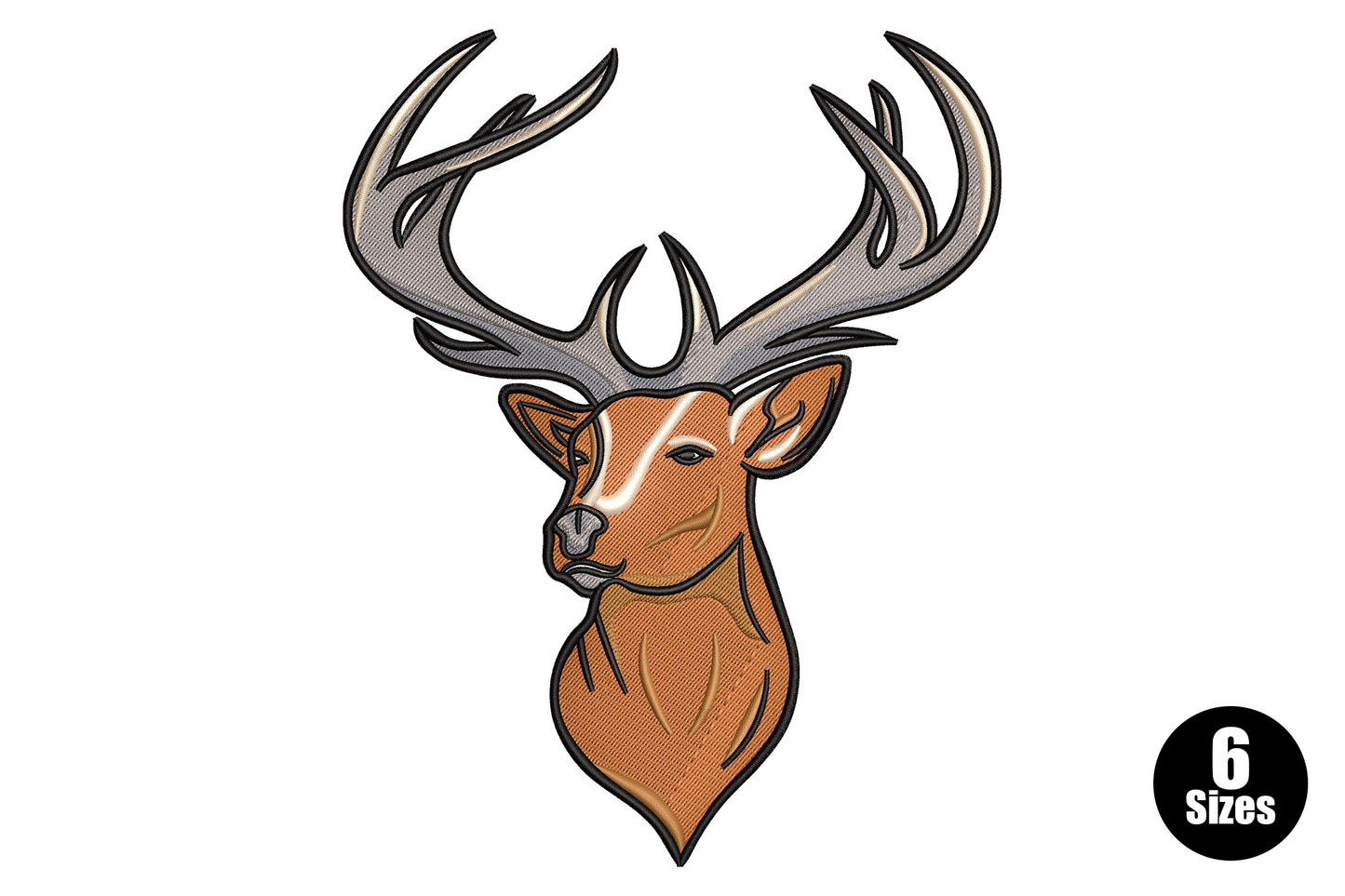 Stag head embroidery design, side-portrait bust with rust-brown fill, grey crosshatched antlers, and black outline, 6 colors, 6 sizes