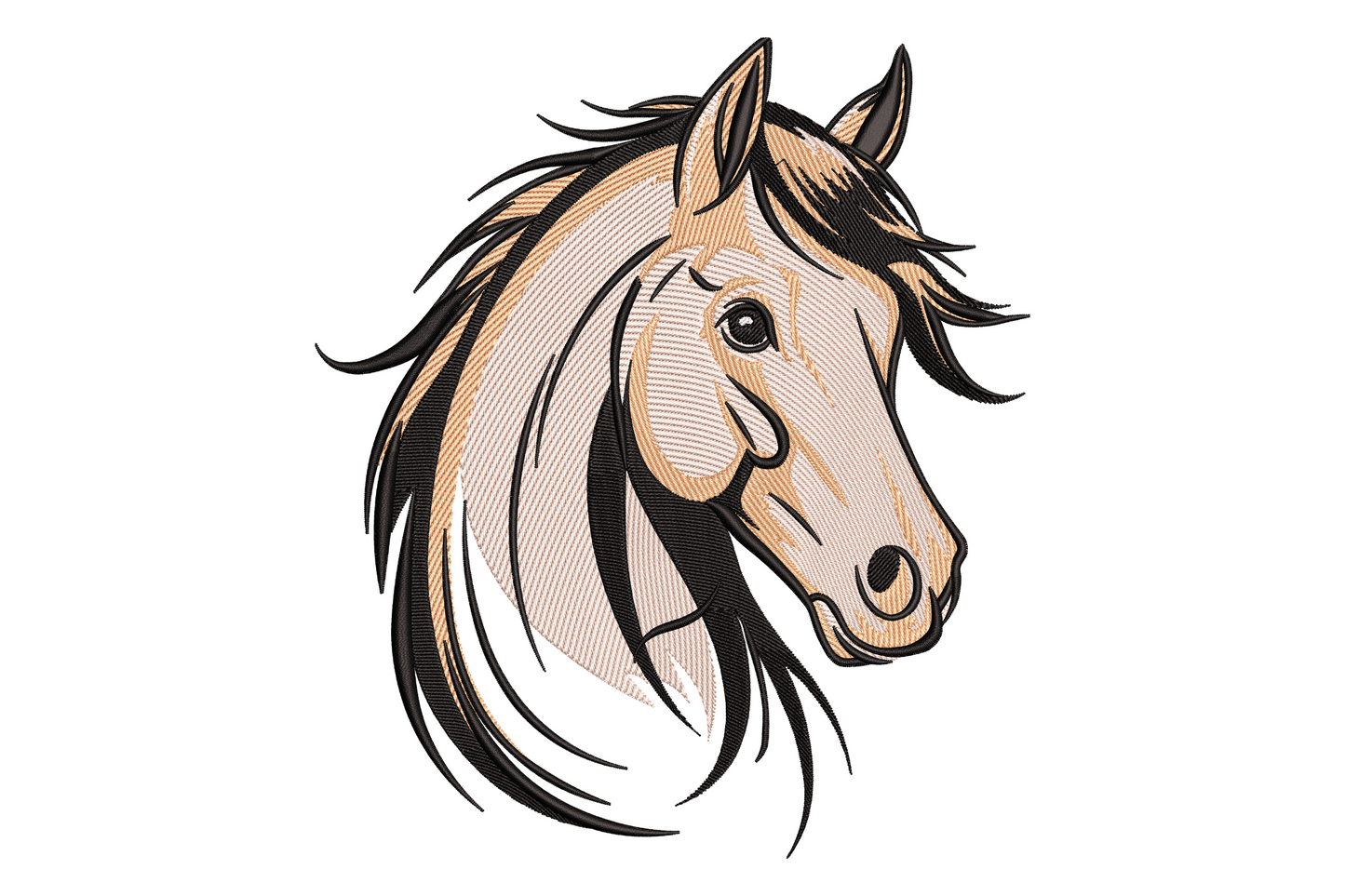 Stallion head embroidery in three-quarter profile with peach-tan satin fill, bold black outline and flowing black mane, machine embroidery design on white background
