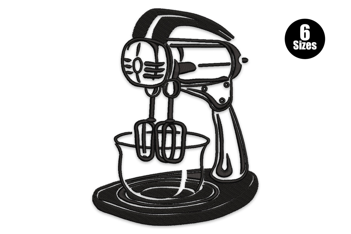 Stand mixer embroidery design in black thread, 3/4 view with dough hooks in bowl and circular base, solid fills on motor head.