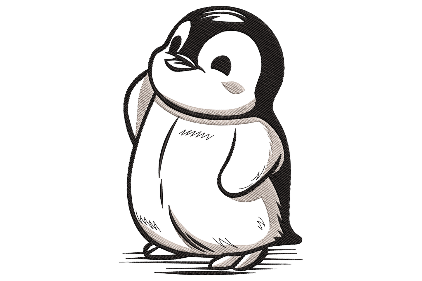 Standing baby penguin embroidery design tilted up with sleepy eyes and pink cheek, in black and cream colours.
