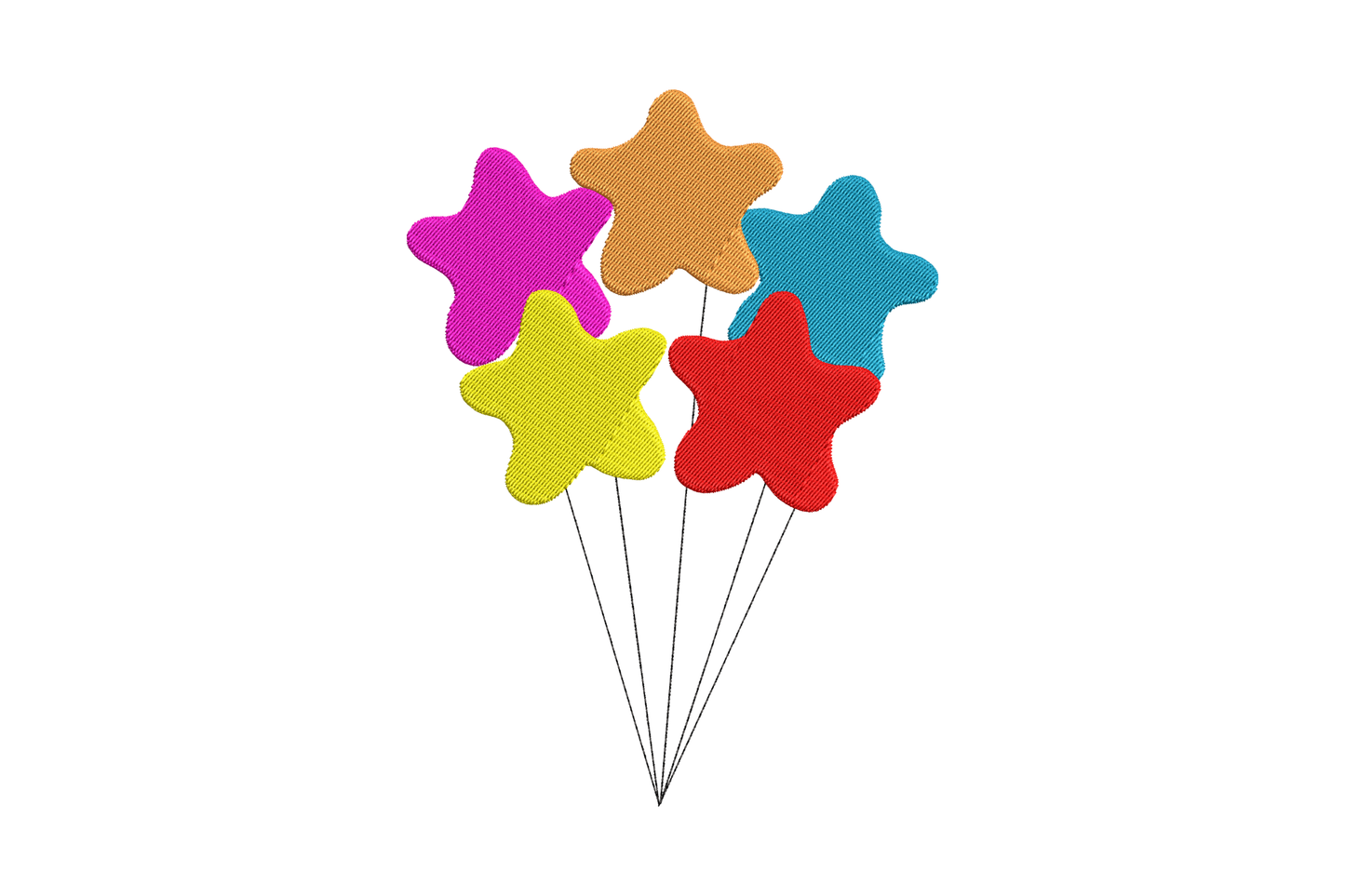 Embroidery design of six star-shaped balloons in six colors with thin strings tied together at the base