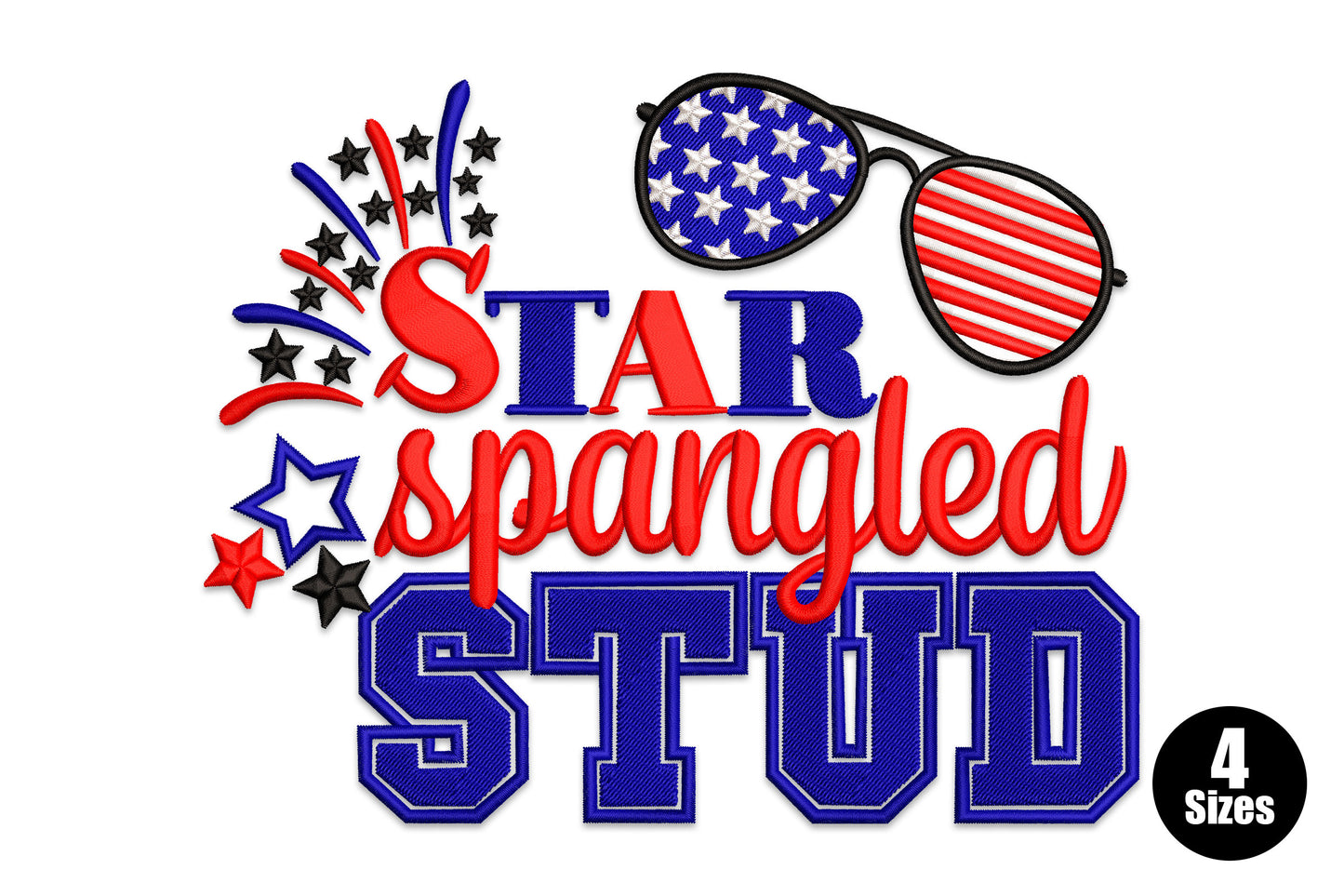 Star Spangled Stud patriotic embroidery with flag aviator sunglasses, fireworks, stars and varsity lettering in blue and red