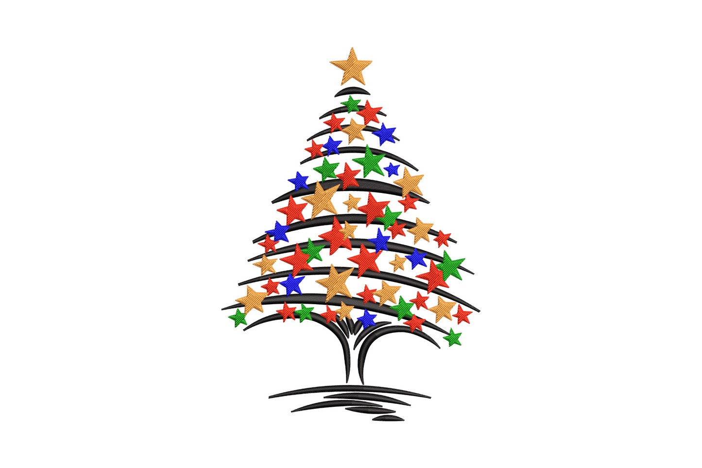 Starry Christmas tree embroidery with gold, red, green and blue star ornaments on curved branch lines and gold star topper on white