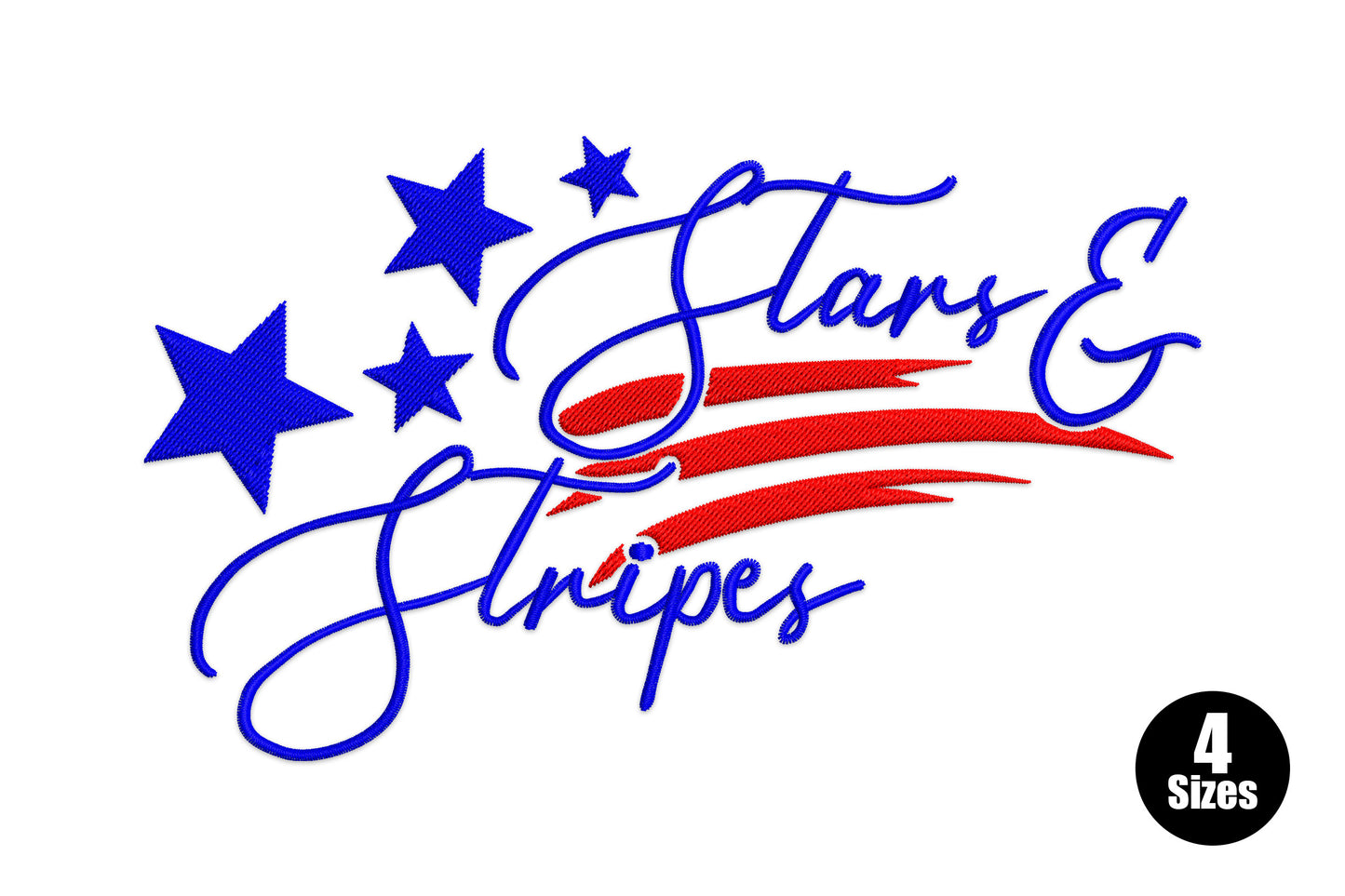 Stars and Stripes embroidery design, patriotic American cursive script with stars and red stripe swooshes, 2 colours