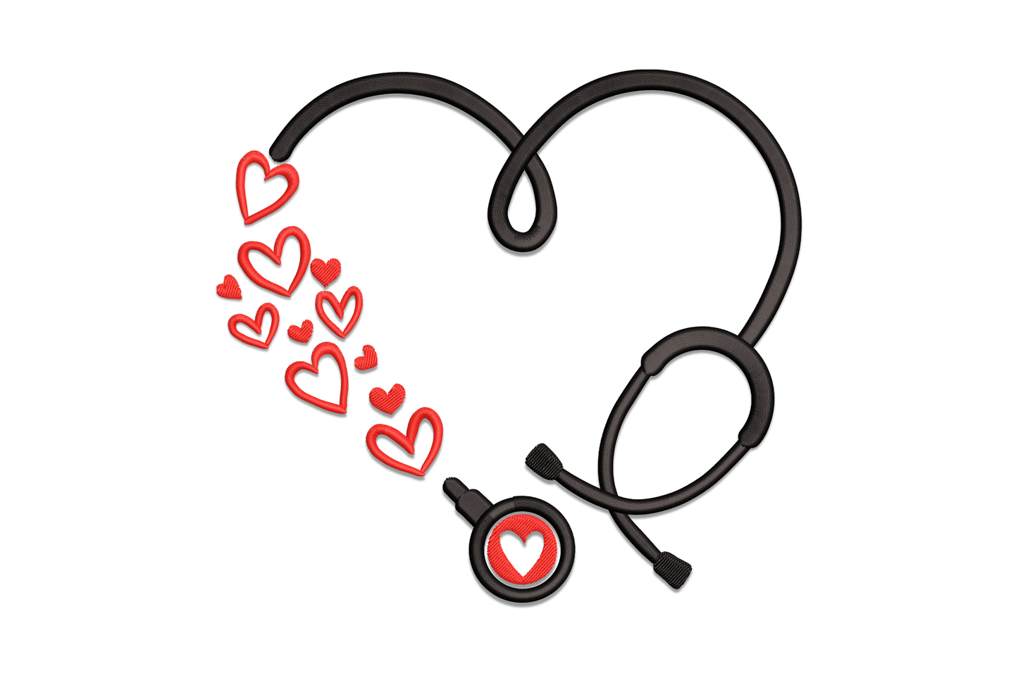 Stethoscope heart love embroidery design with black stethoscope curved into a heart shape and scattered red heart outlines