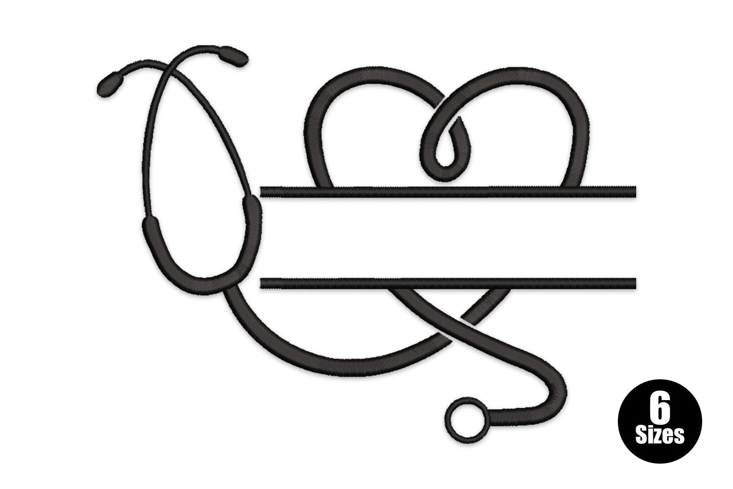 Stethoscope heart monogram embroidery design in black outline showing stethoscope tube shaped into a split heart with two horizontal name lines through the center.