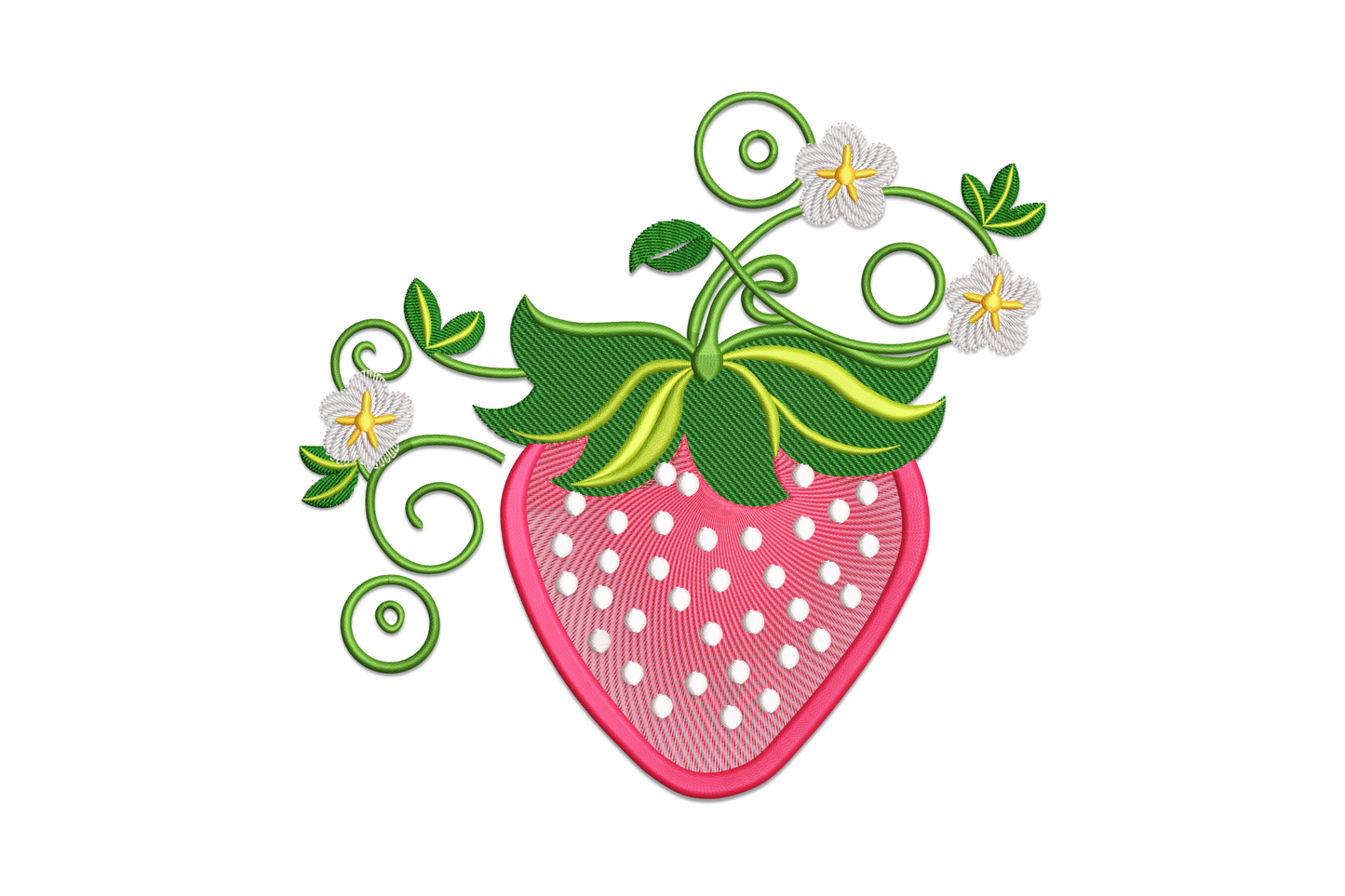 Strawberry floral botanical embroidery design with deep red berry, seed dots, green calyx, and surrounding cream and blush flowers