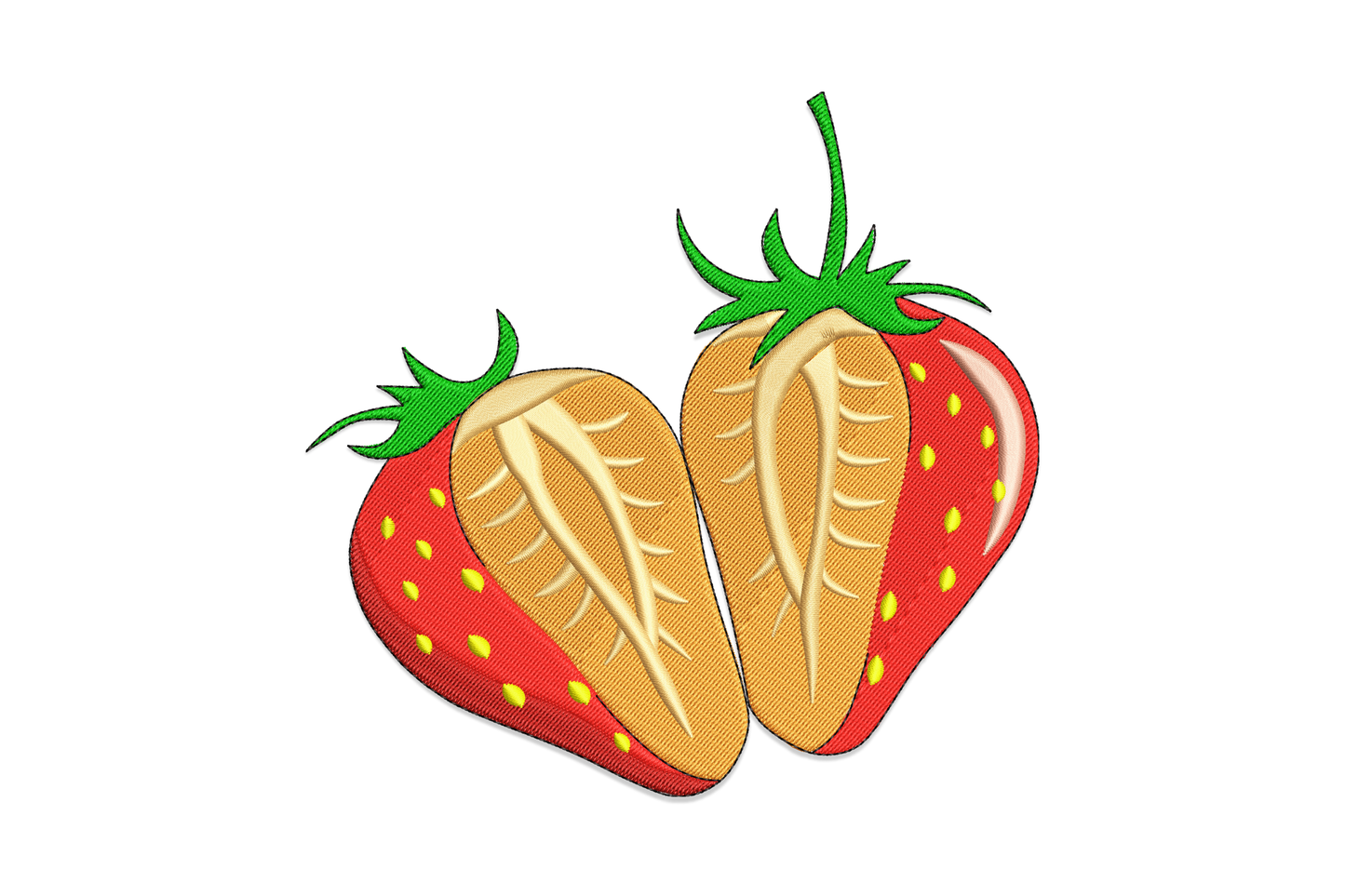 Strawberry half cut embroidery showing cross-section with cream interior and yellow seeds, 8 colour summer fruit design
