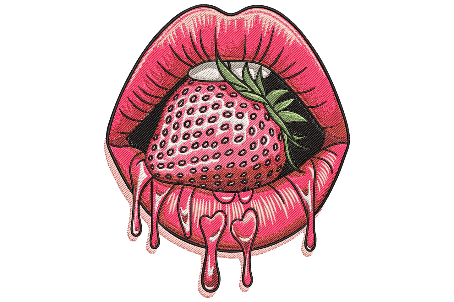 Embroidery design of glossy pink lips parted around a red strawberry, pink gloss drips and heart shapes on the chin