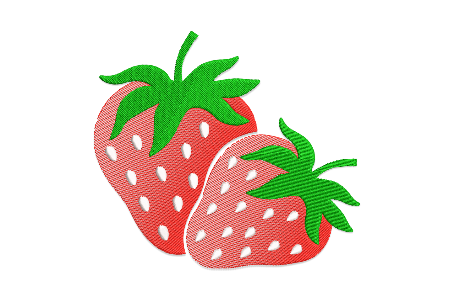 Strawberry pair embroidery design, two red strawberries with green leaf caps and white seeds, simple fruit motif