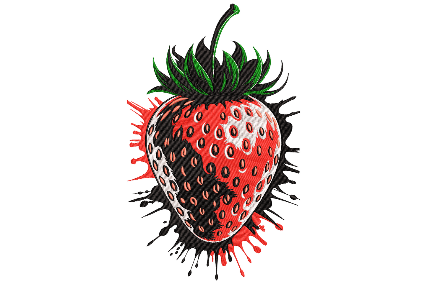 Machine embroidery design of a red strawberry with water splash and scattered droplets on white background
