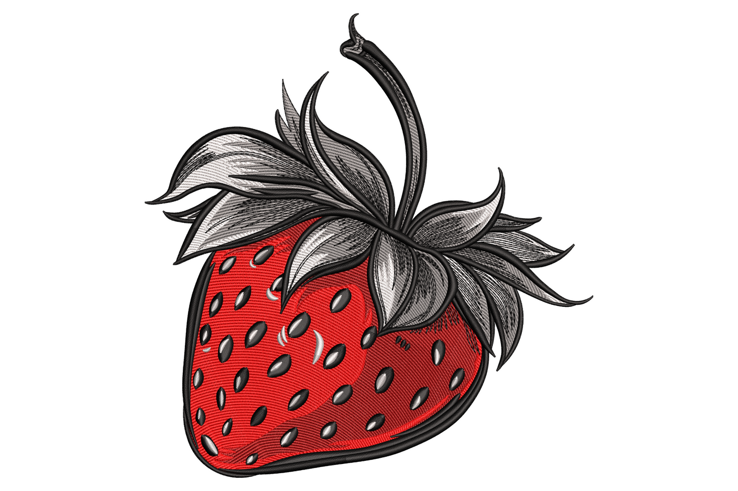 Sketch style strawberry fruit embroidery design with bright red berry, dark seed dots and dramatic black cross-hatch leaves and curling stem.