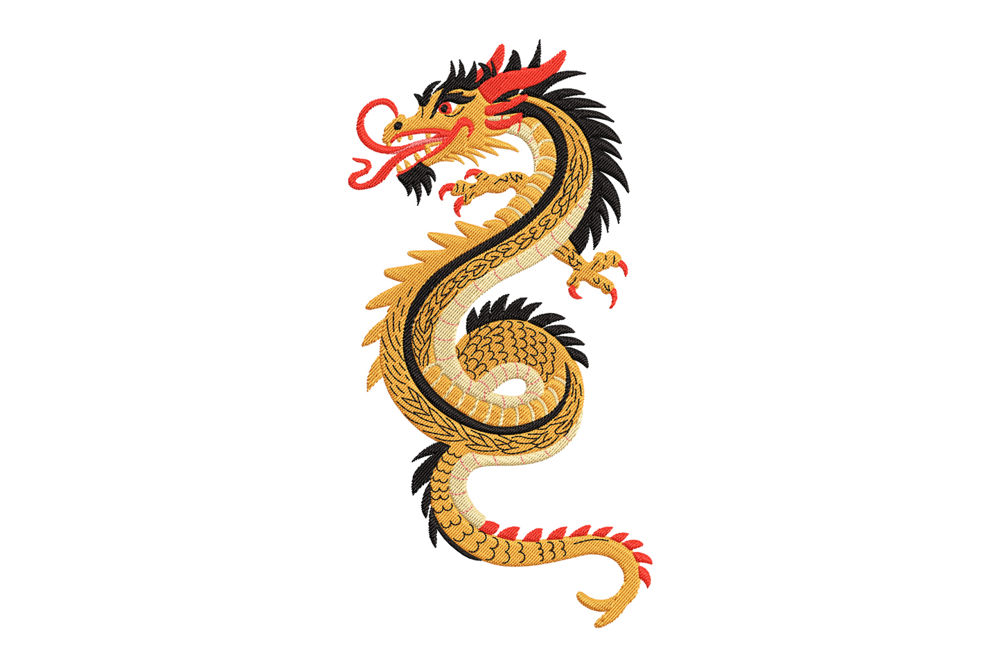 Chinese dragon machine embroidery design in red gold and black, sinuous S-curve body with scales claws and fierce open mouth, traditional East Asian decorative style