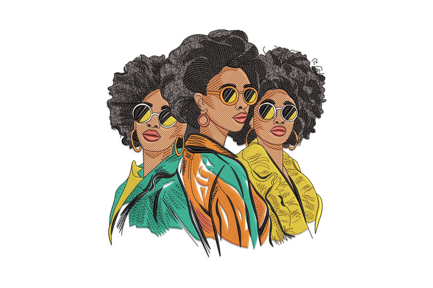 Three stylish afro women trio embroidery design with bold natural hairstyles, 11 colour fashion portrait in rich browns, coral and teal thread