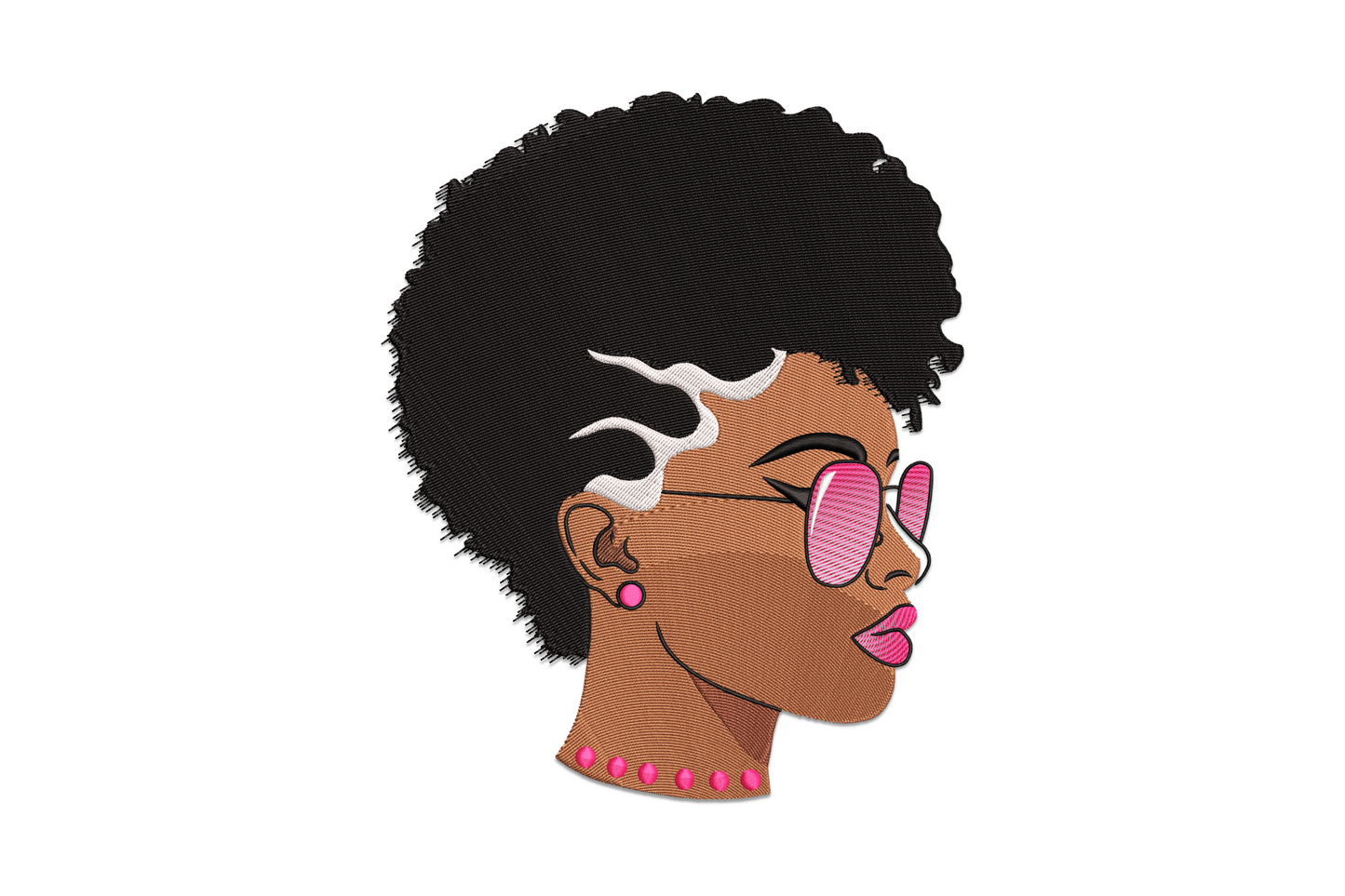 Stylish Black woman afro portrait embroidery design, side profile with natural afro, white highlight, pink oval glasses, stud earring and pink lip gloss.