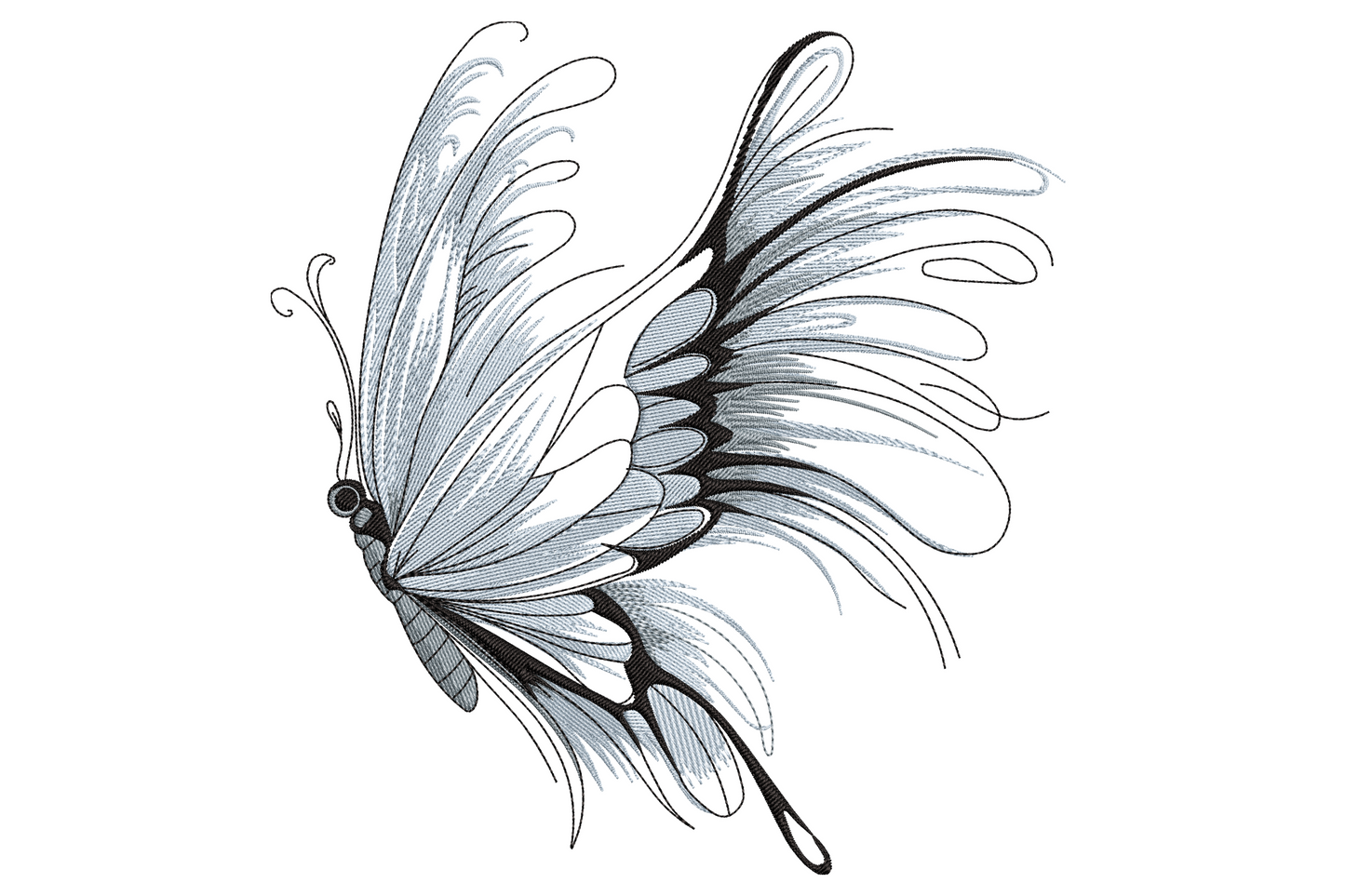 Stylish butterfly embroidery design in pale blue and black, side-profile with feathery trailing wing tips and curled antennae.