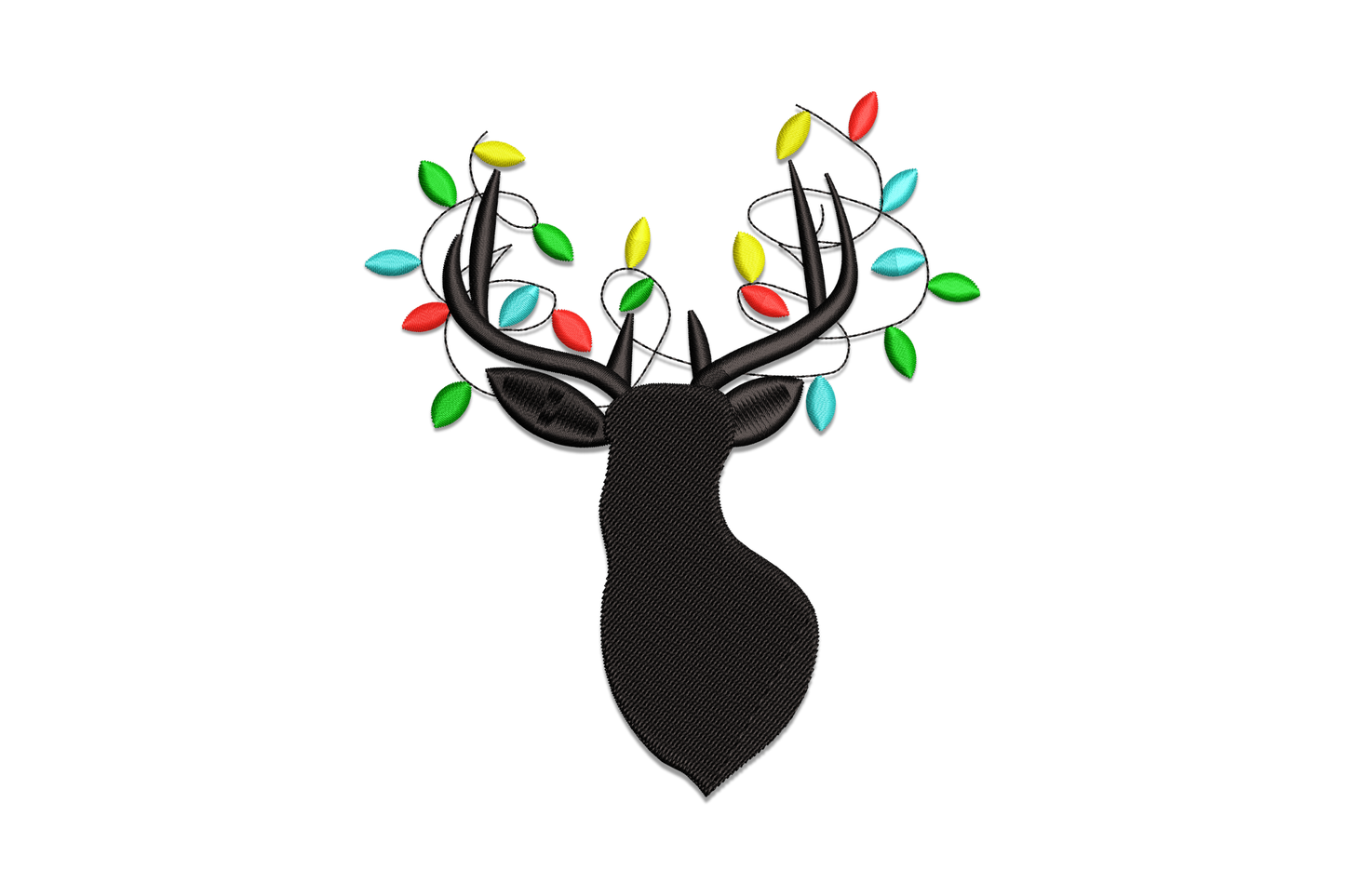 Christmas deer head silhouette embroidery design in solid black with elongated red, yellow, green and teal fairy light bulbs looped across the antlers on a white cord.