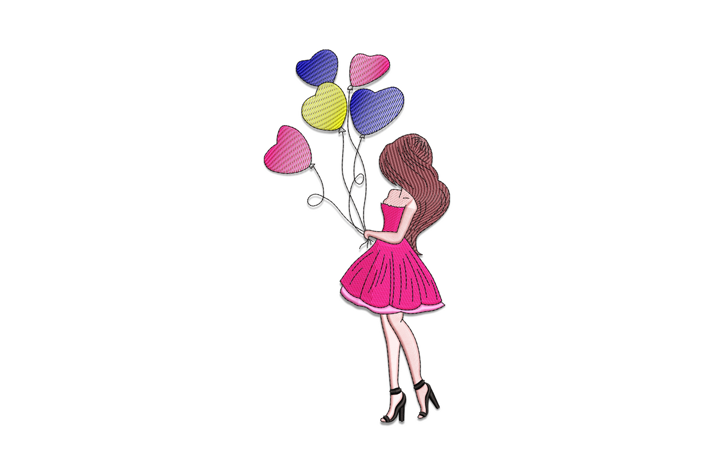 Fashion girl holding heart balloons in 7 colours, red, pink, skin tone and black, dainty illustration on white fabric