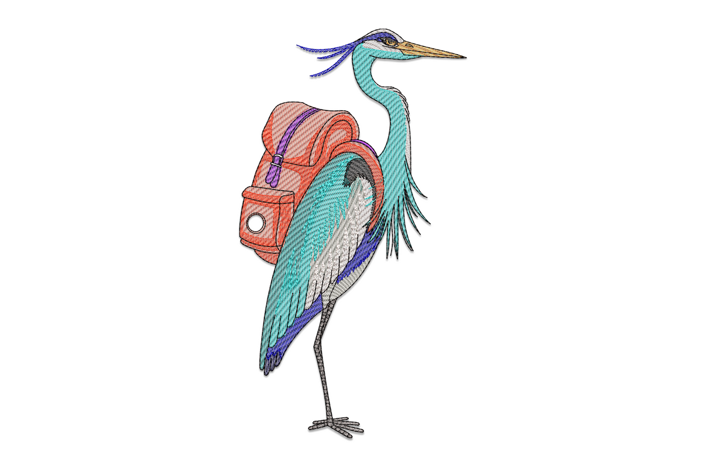Tall great blue heron embroidery with coral backpack, teal feather body, orange beak, machine embroidery design on white background