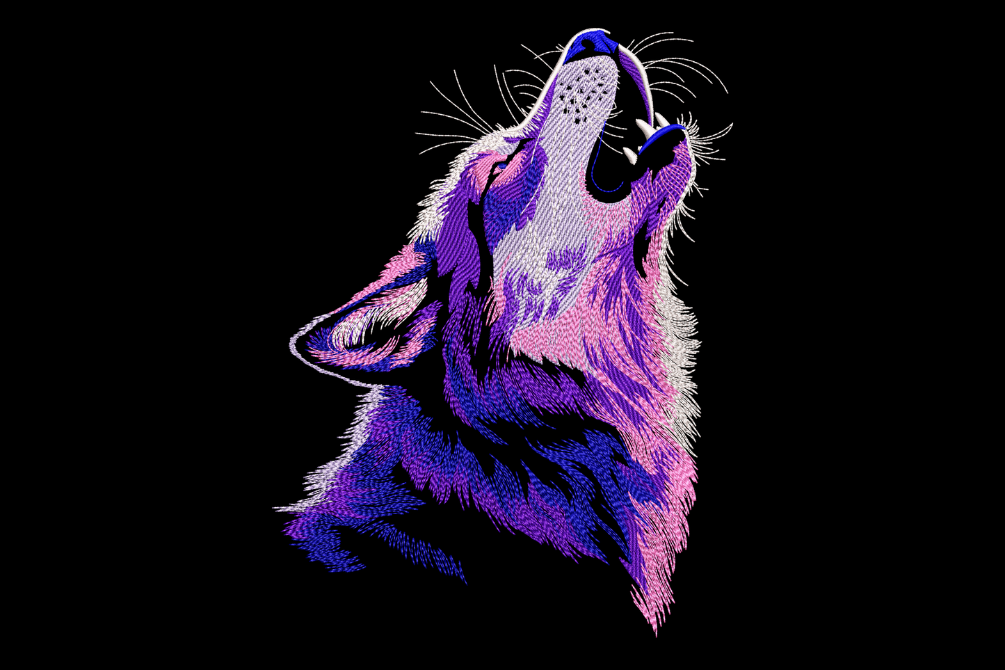 Stylish howling wolf embroidery, purple, vivid pink, violet and white fur, head tilted upward, 6 colors graphic style.