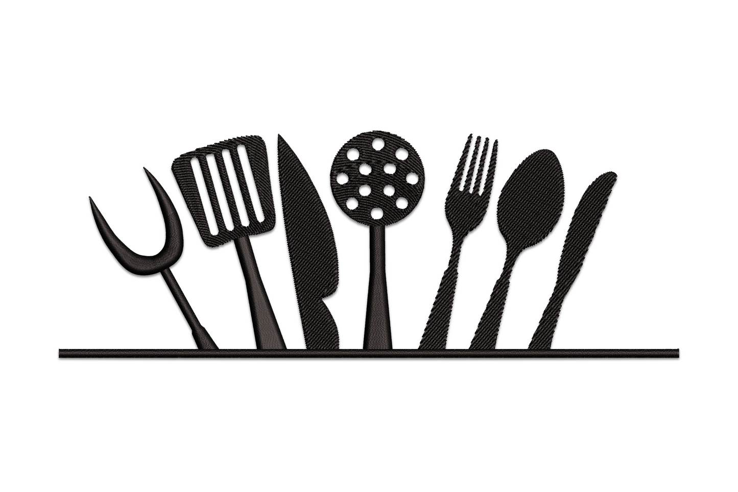 Kitchen utensils embroidery design, horizontal row of spoon spatula whisk and ladle in single-colour satin outline
