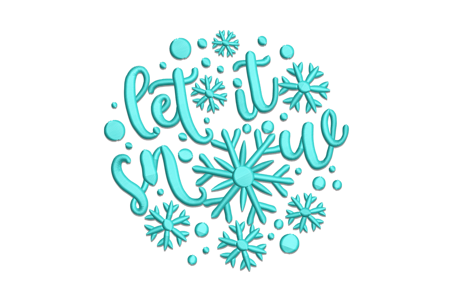 Aqua let it snow script in circular wreath with snowflakes and ornament balls, single color winter embroidery