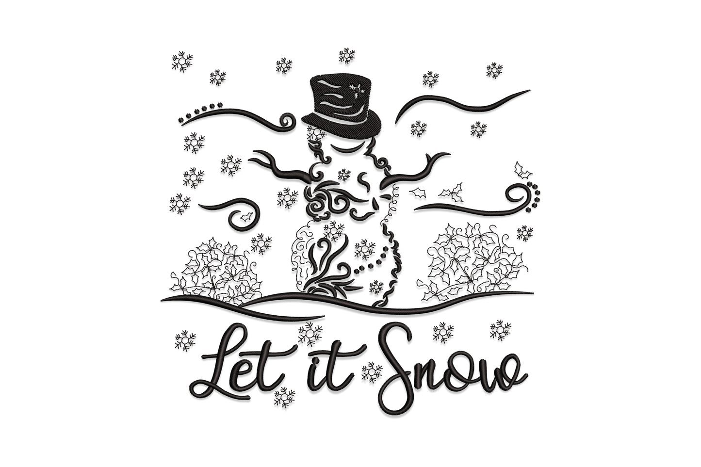 Let It Snow snowman embroidery design, slim snowman with butter yellow scarf and slate cursive script lettering.