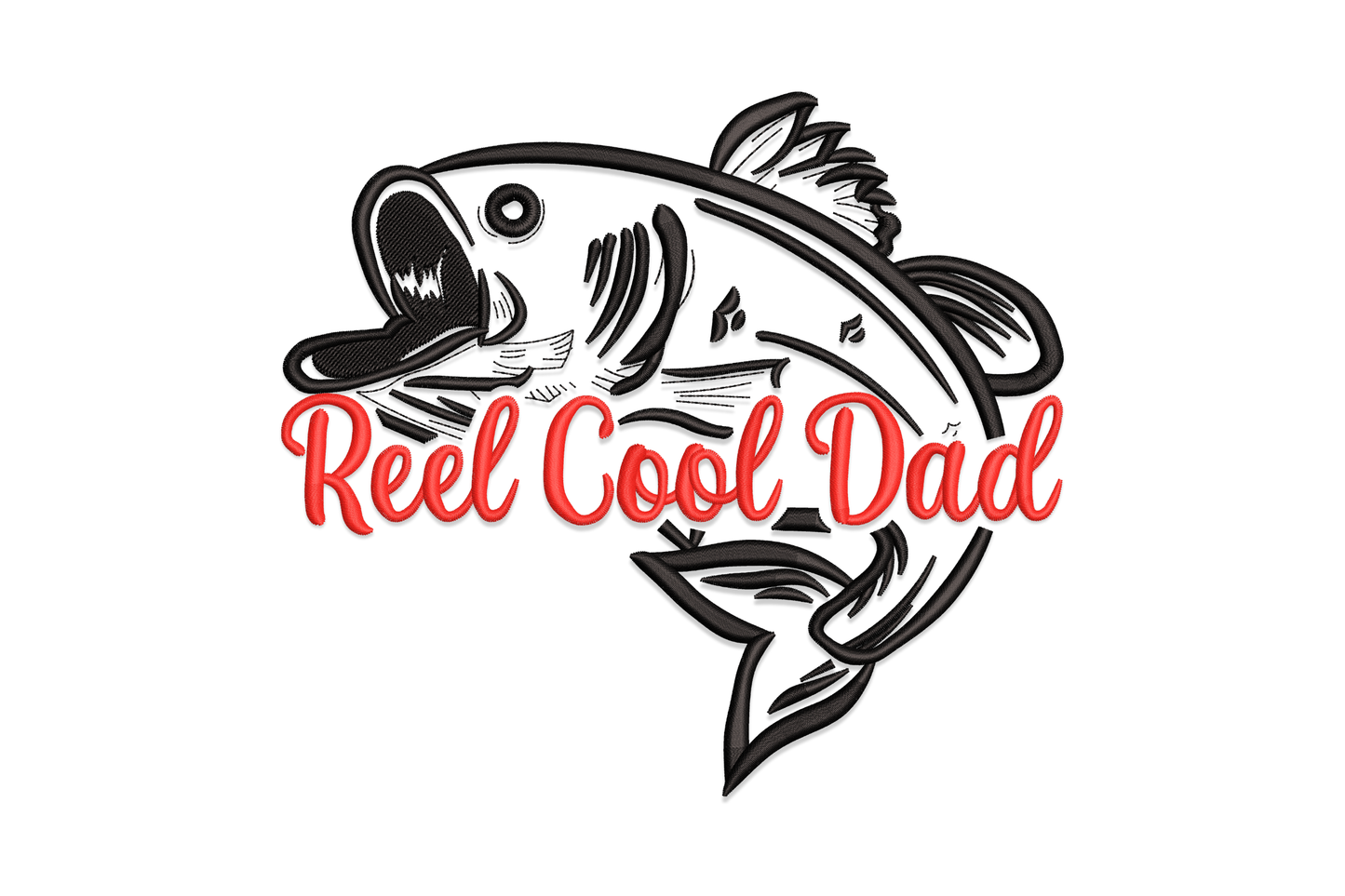 Stylish Reel Cool Dad machine embroidery design, clean modern fishing pun lettering, 2 colours, 5 sizes from 2.71 to 6.32 inches