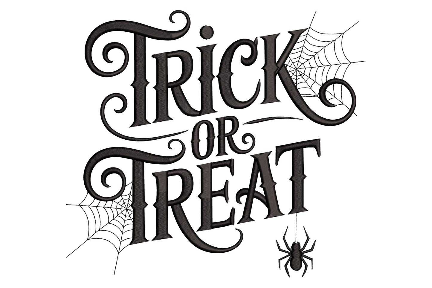 Stylish trick or treat halloween lettering embroidery design, single colour flowing calligraphic script, 3.5 by 3.12 inches, clean modern halloween machine embroidery.
