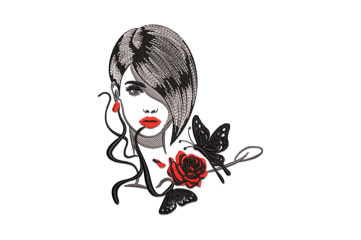 Stylish woman face embroidery design, editorial fashion portrait with bold lips, arched brow and swept hair, modern illustration style