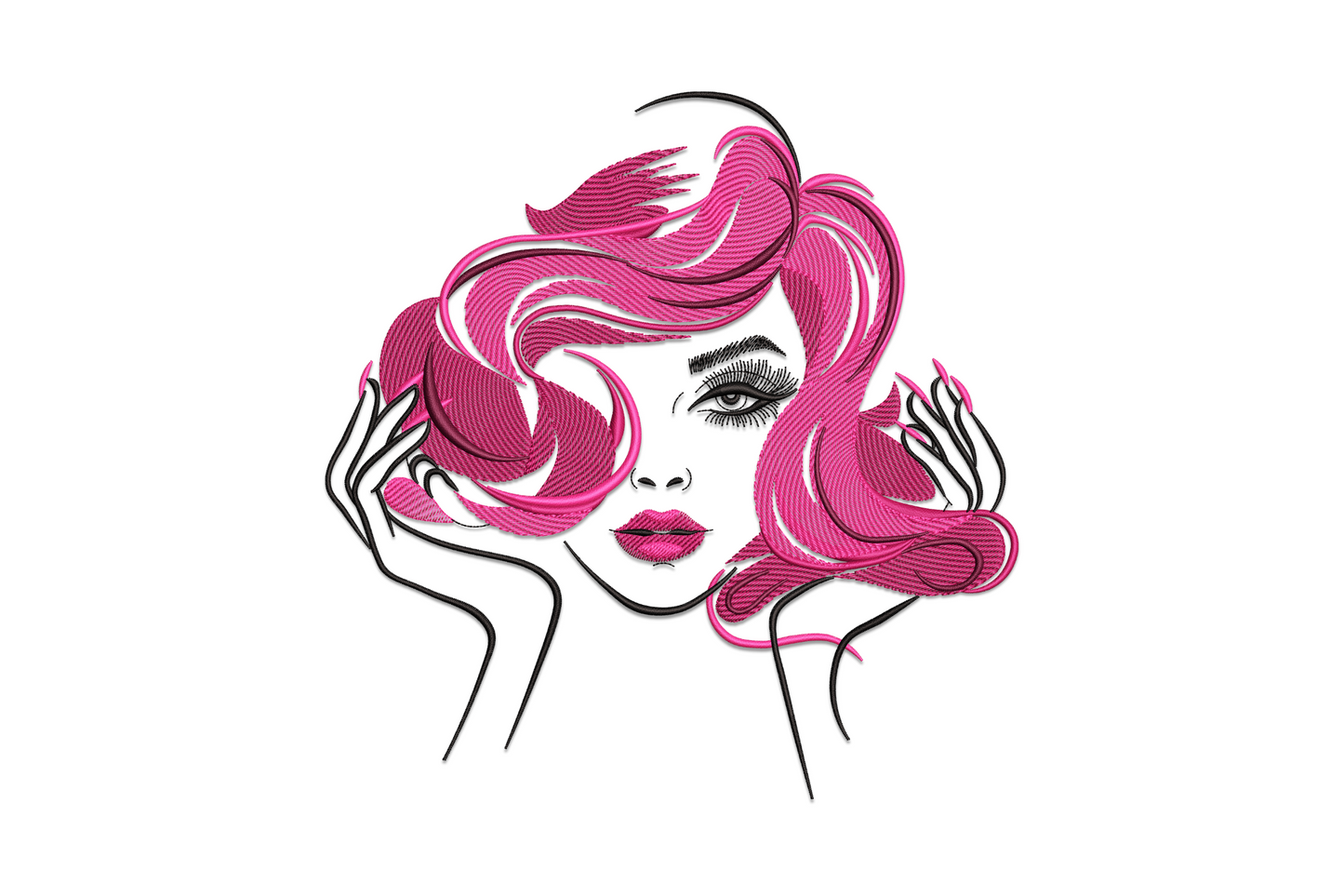 Stylish woman face embroidery portrait, pink wavy hair, hands framing cheeks, eyes closed with long lashes, wine red lips
