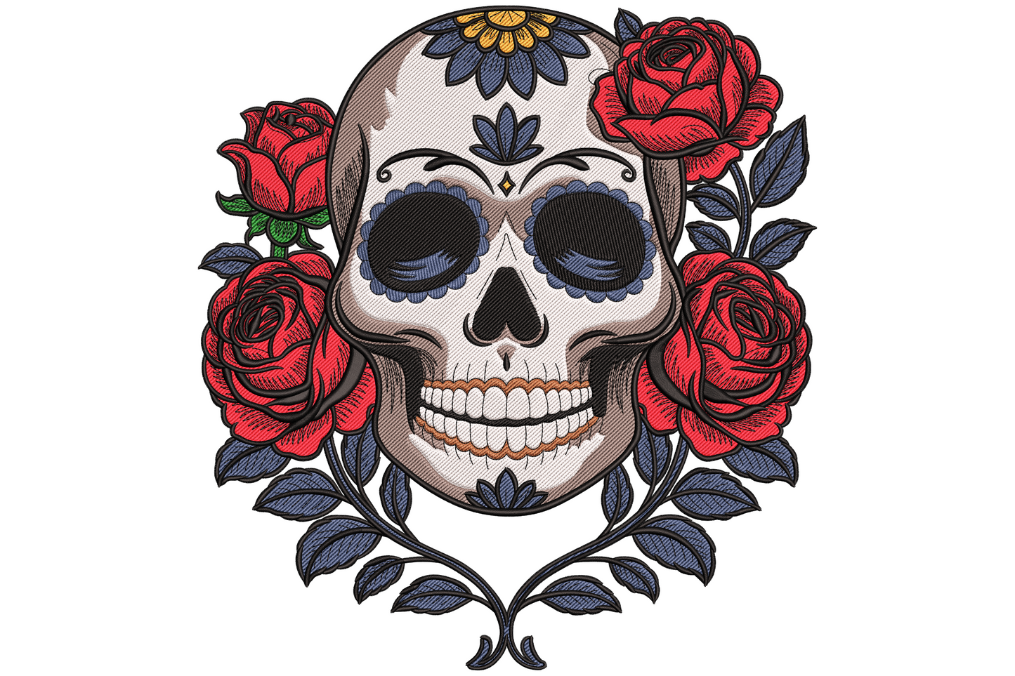 Sugar skull rose embroidery design, Day of the Dead face with floral rose eye sockets, eight-colour decorative skull with swirls dots and layered petals, large ornate composition.