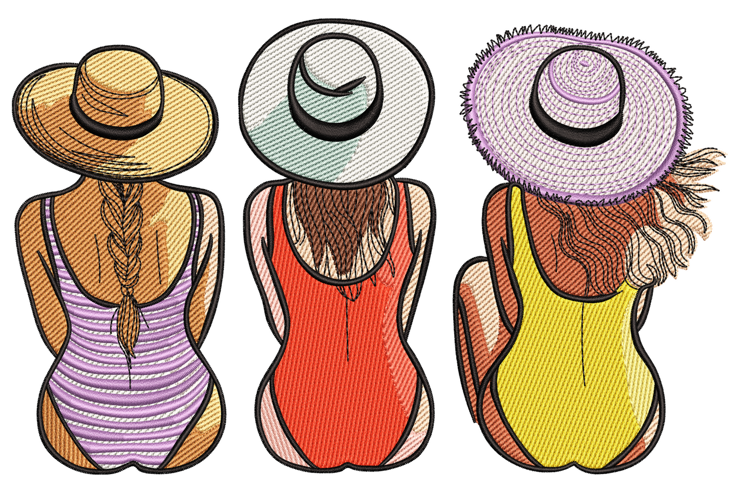Summer beach girls embroidery design, two fashion figures in beach vacation clothing in 15 bright summer colours, 3.5 inches wide.