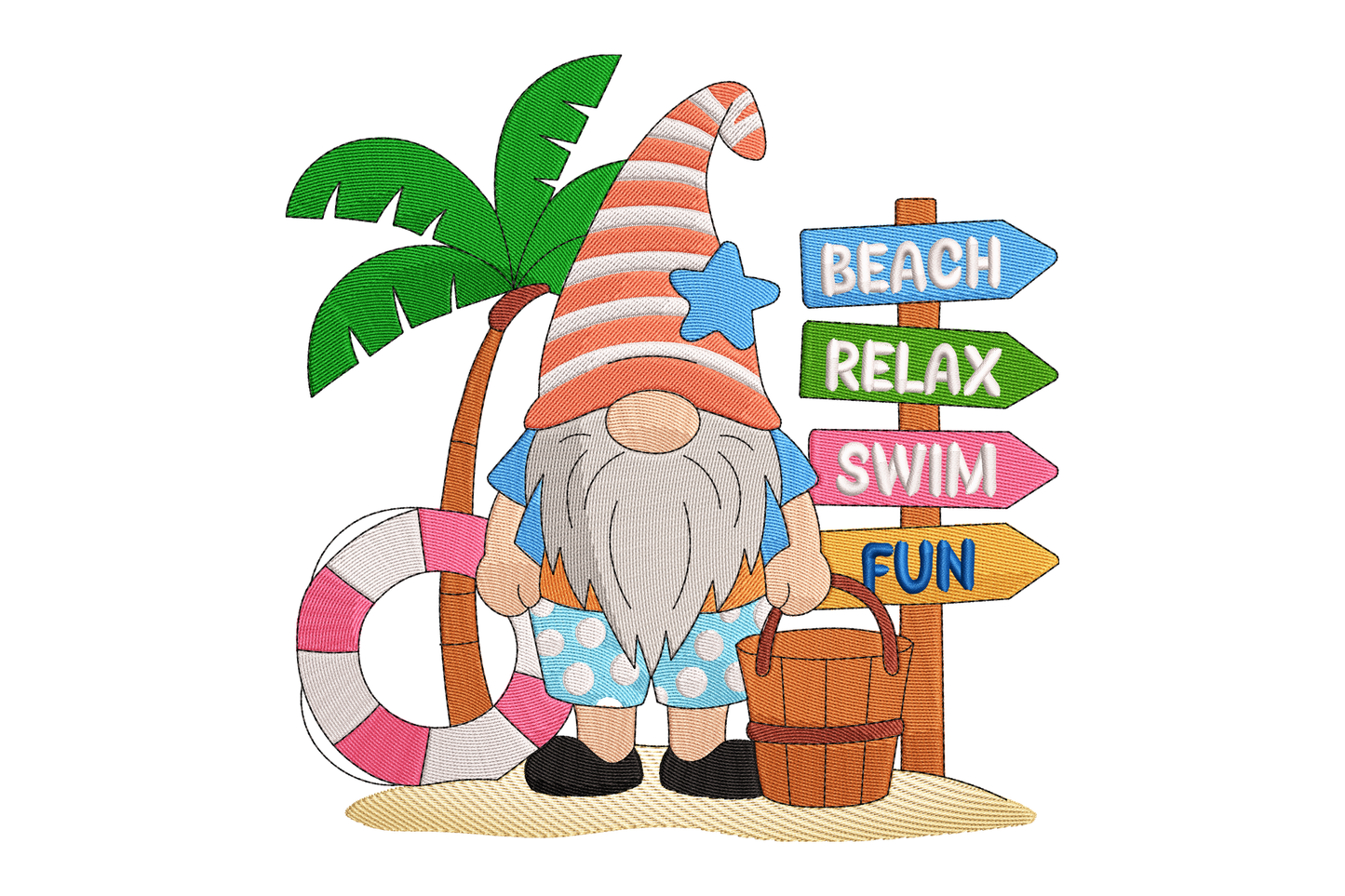 Gnome character with beach accessories and a signpost on a white background