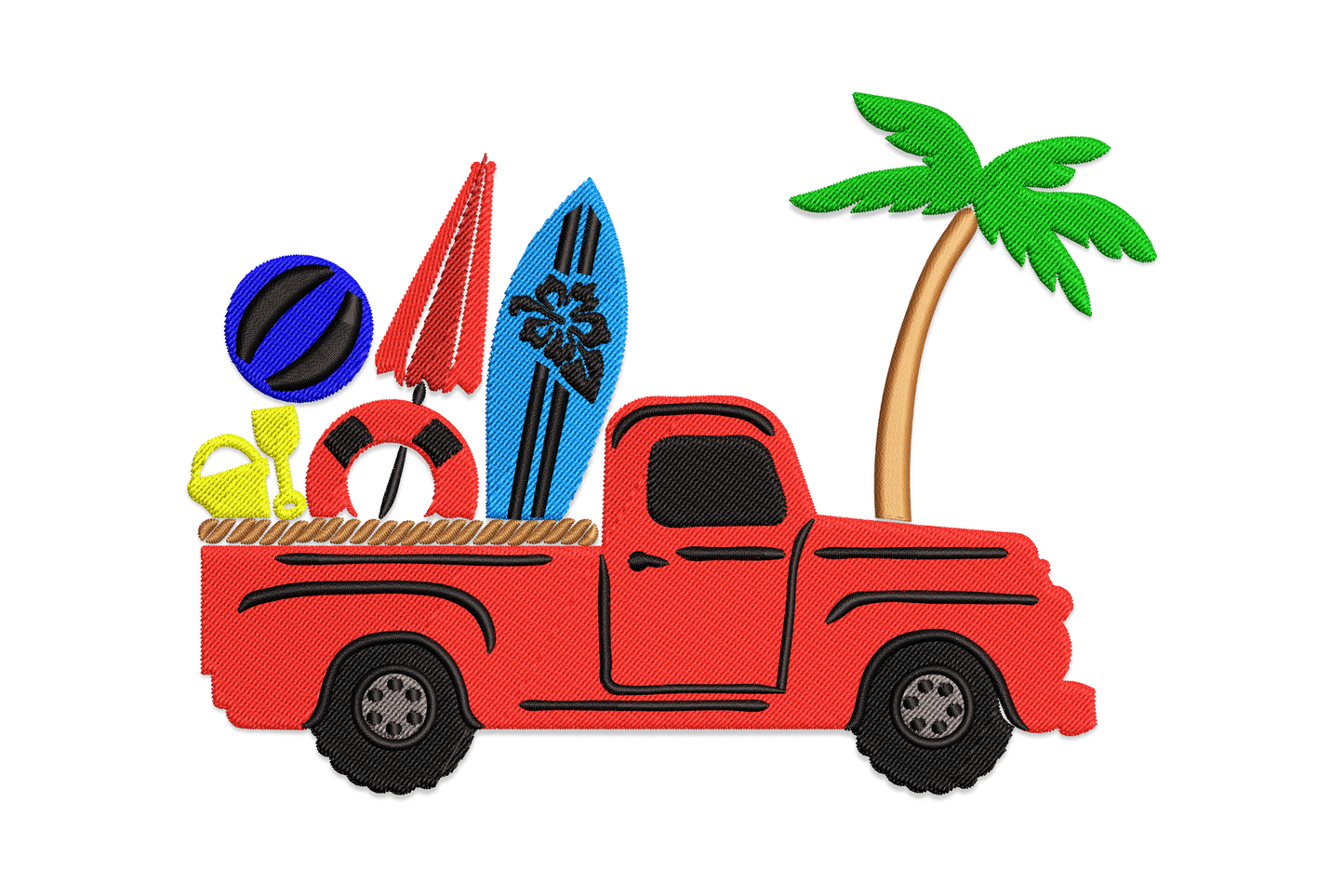 Summer beach truck machine embroidery design, vintage pickup with surfboard roof rack and palm tree in nine colours, 4 sizes up to 5.08 inches