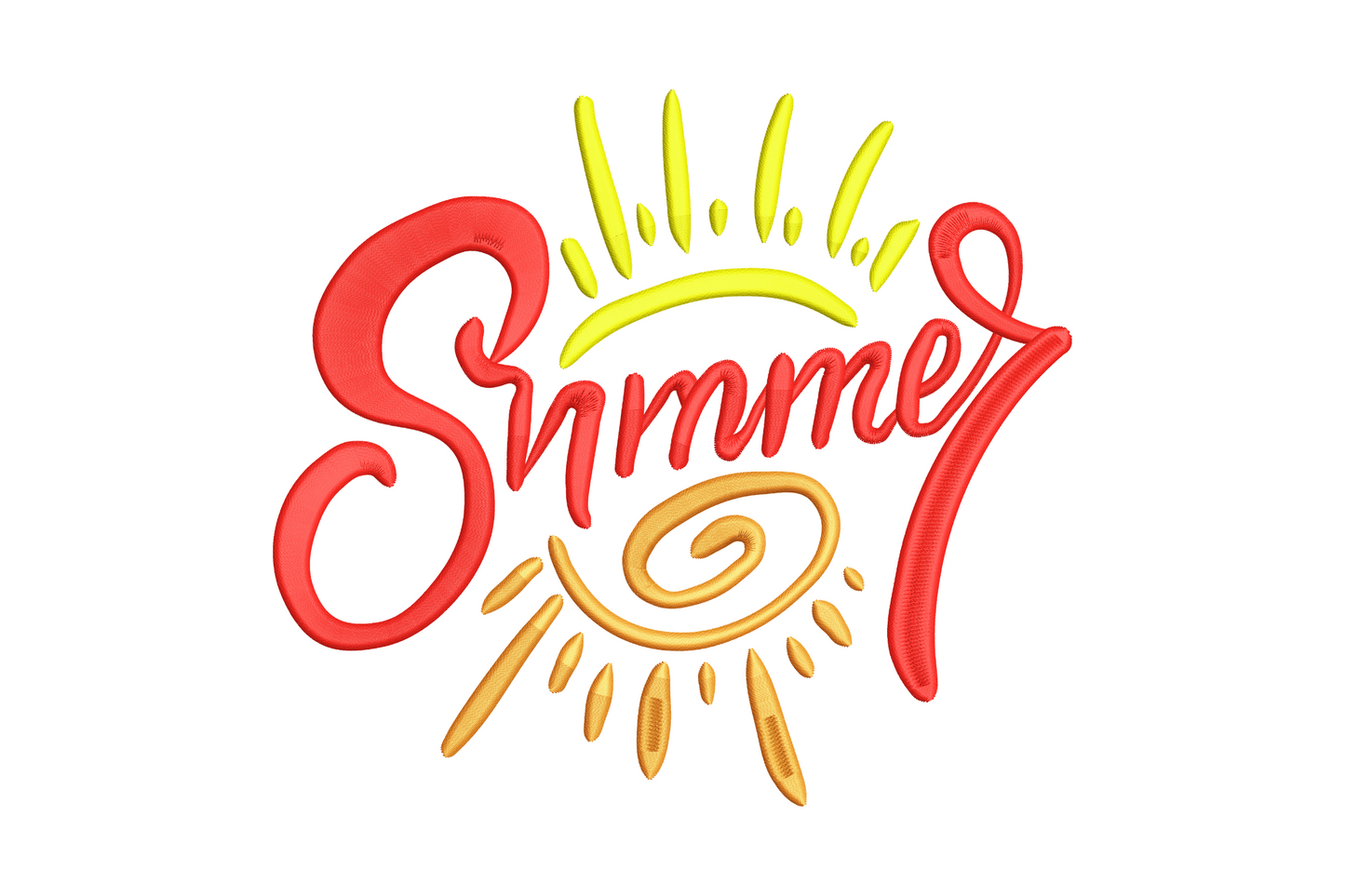 Summer sun typography embroidery, casual script with sun graphic, mustard and coral, 5 sizes 3.15-6.74 inches wide