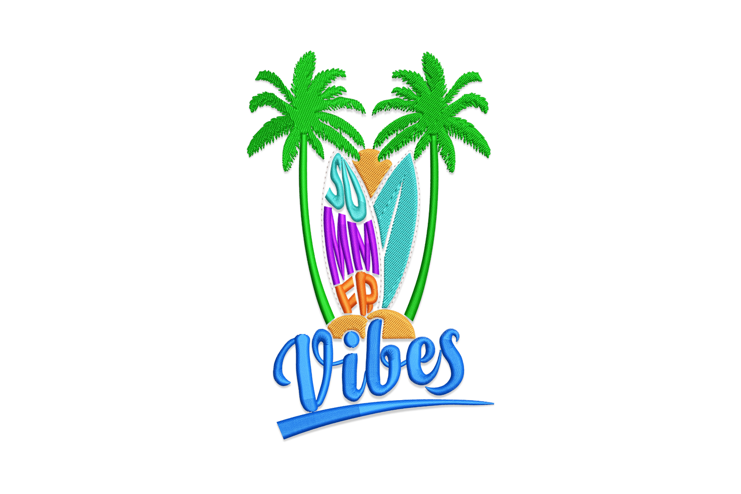 Embroidery design with bold brush-lettered Summer Surf Vibes text, a leaning surfboard, curling wave, and sun rays in coral, aqua, and golden yellow thread