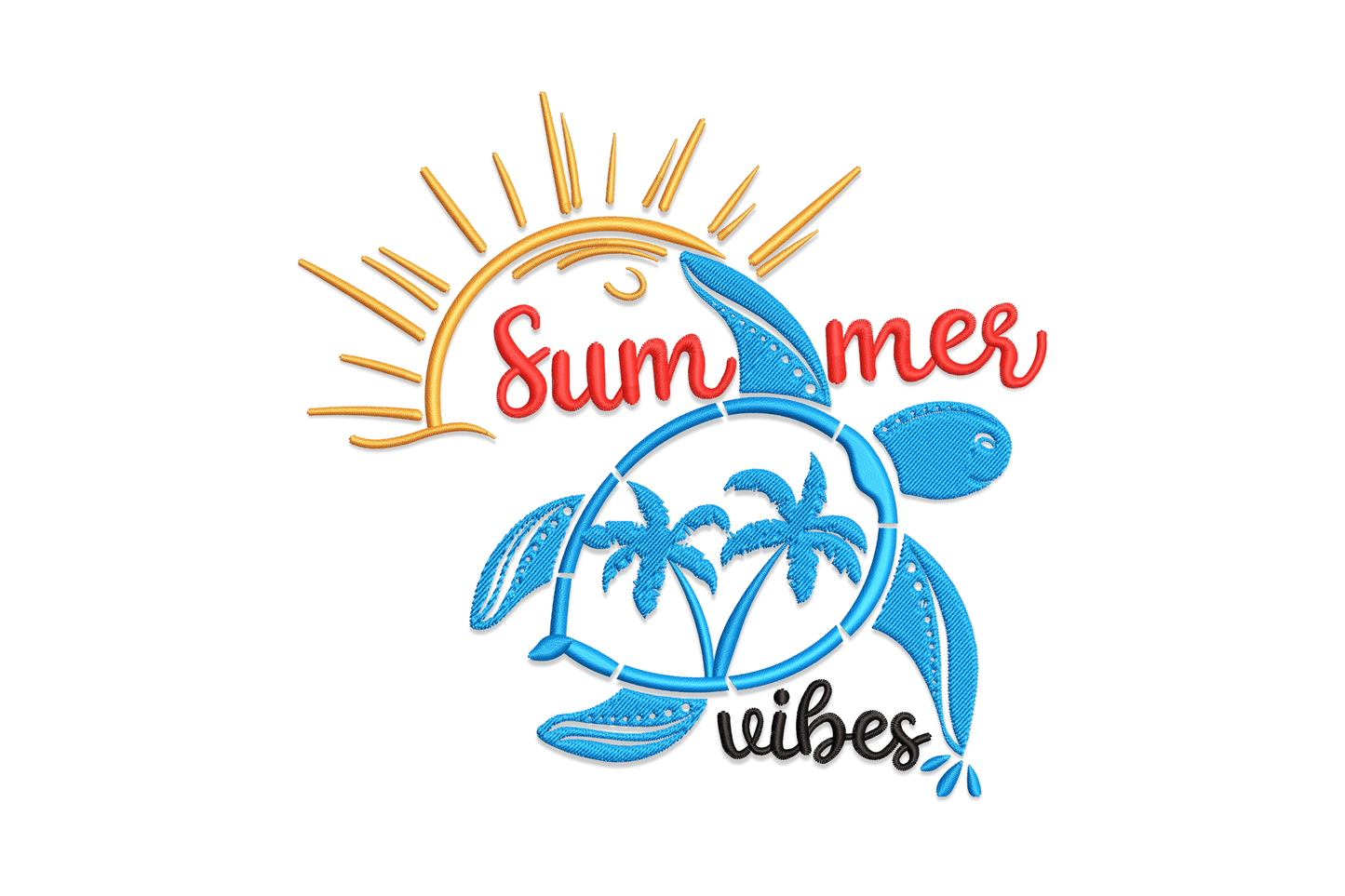 Summer Vibes turtle embroidery design with sky blue sea turtle outline, palm trees stitched inside the shell, golden sun arc and Summer Vibes text in red and black.