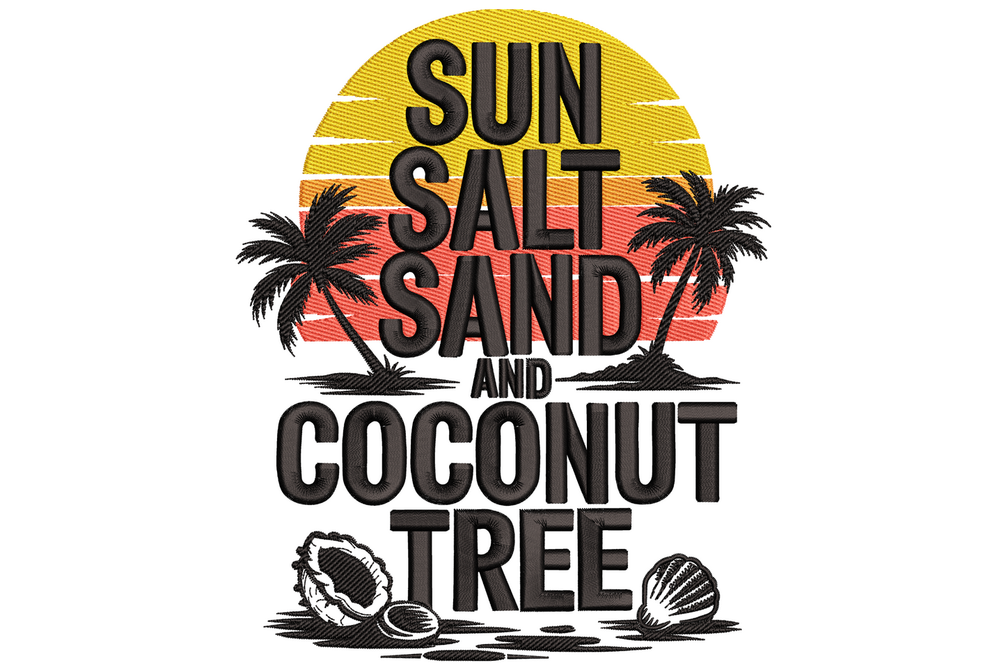 Sun salt sand and coconut tree embroidery design with hand-lettered quote and leaning palm tree in golden yellow and teal on cream background.