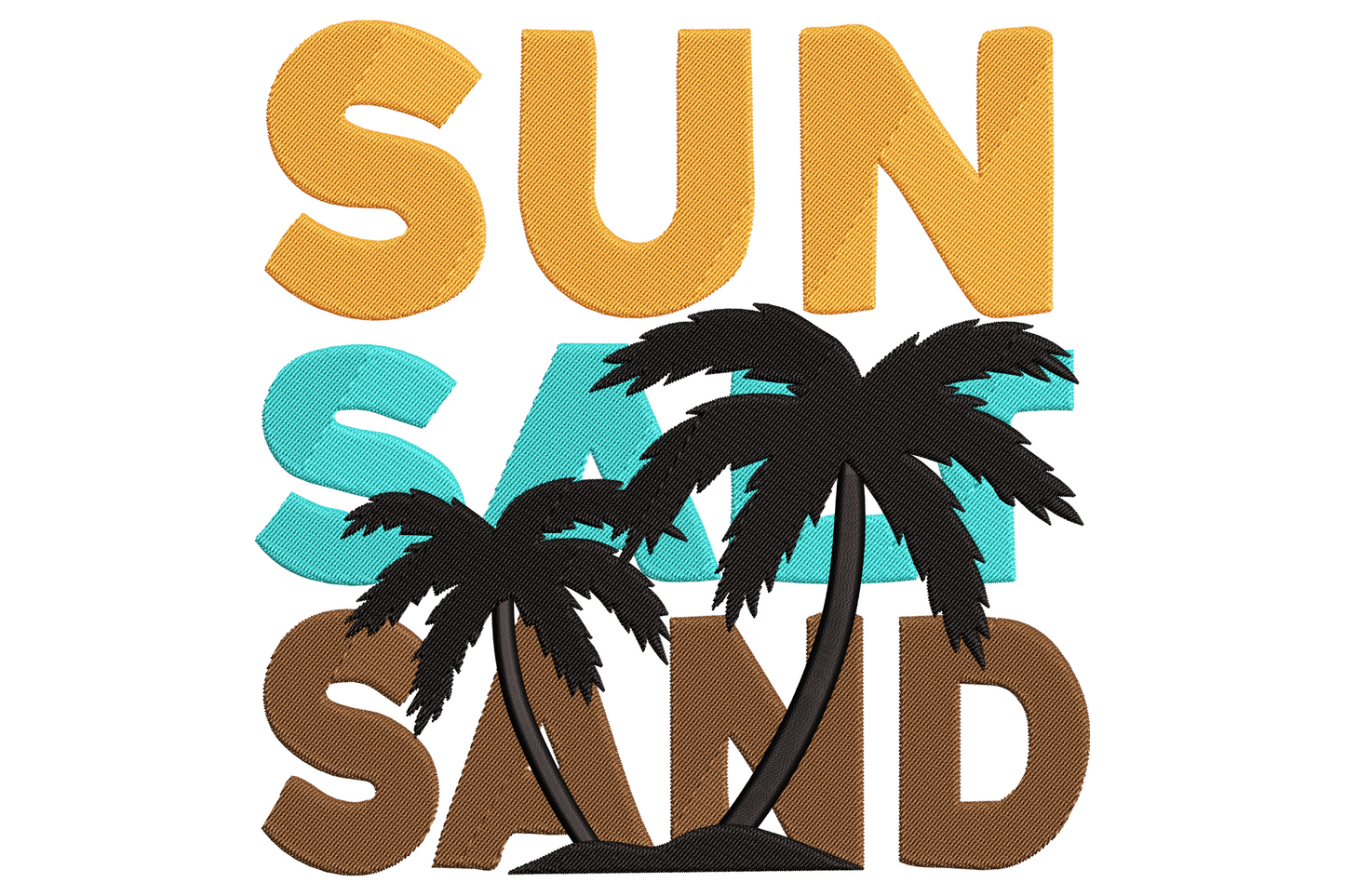 Sun Sand Surf embroidery design stacked typography mustard teal brown with palm tree silhouettes