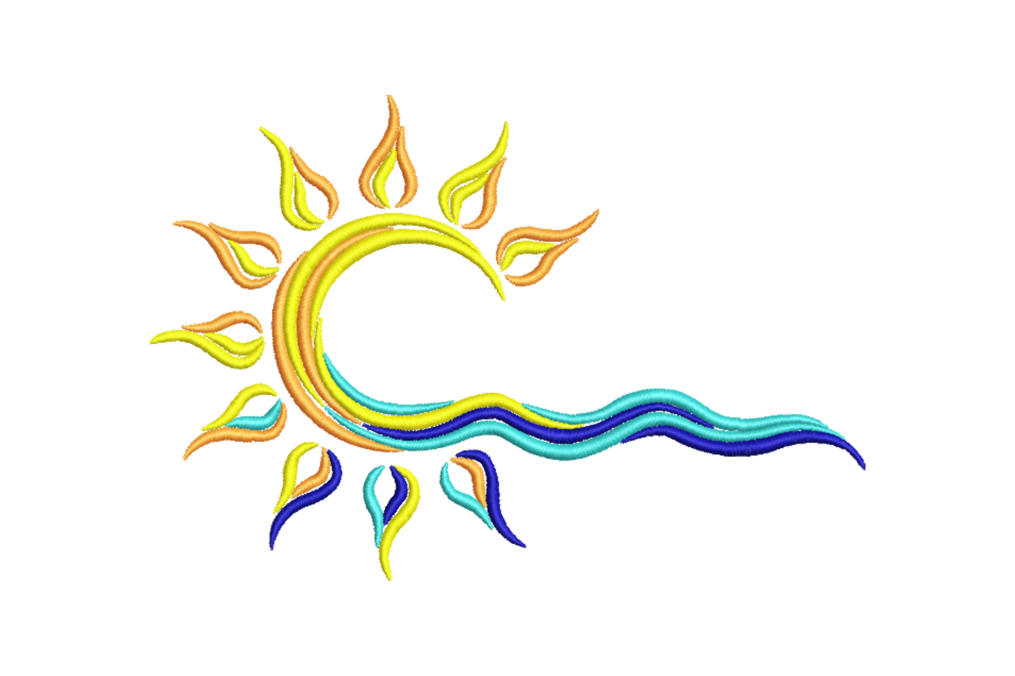 Sun wave line art embroidery: crescent sun, flame-tip rays in yellow and orange, swooping teal and cobalt blue wave tail.