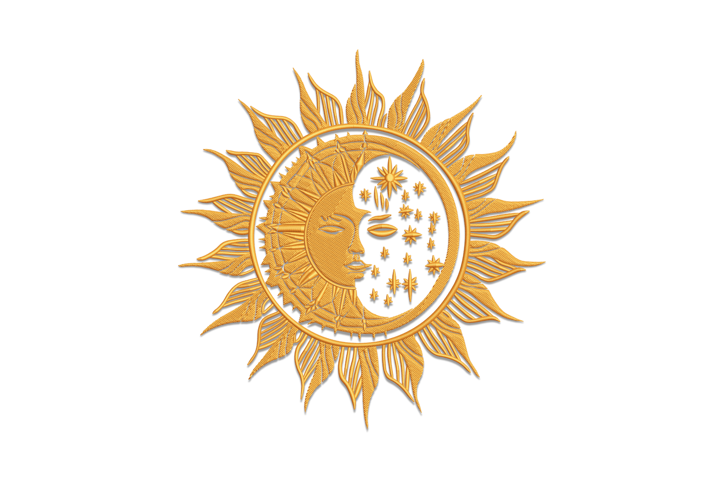 Boho sun and moon face embroidery in warm gold, circular mandala with serene face left, crescent moon and stars right, sun rays border.