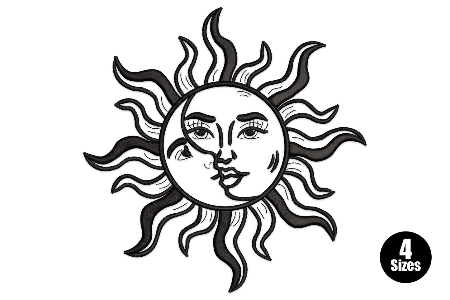 Vintage sun face embroidery with detailed eyes and closed mouth surrounded by wavy serpentine ray flames in black line art.